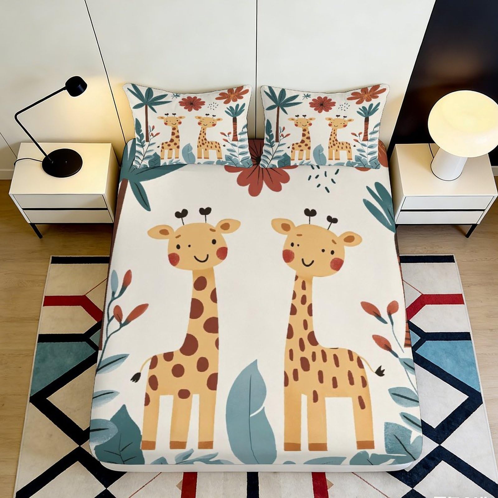 3D Printed Giraffe Pattern Fitted Sheet Microfiber Soft Durable Cartoon Animal Bed Cover for Bedroom Dormitory Guest Room Mattress Protection 200x200x25cm