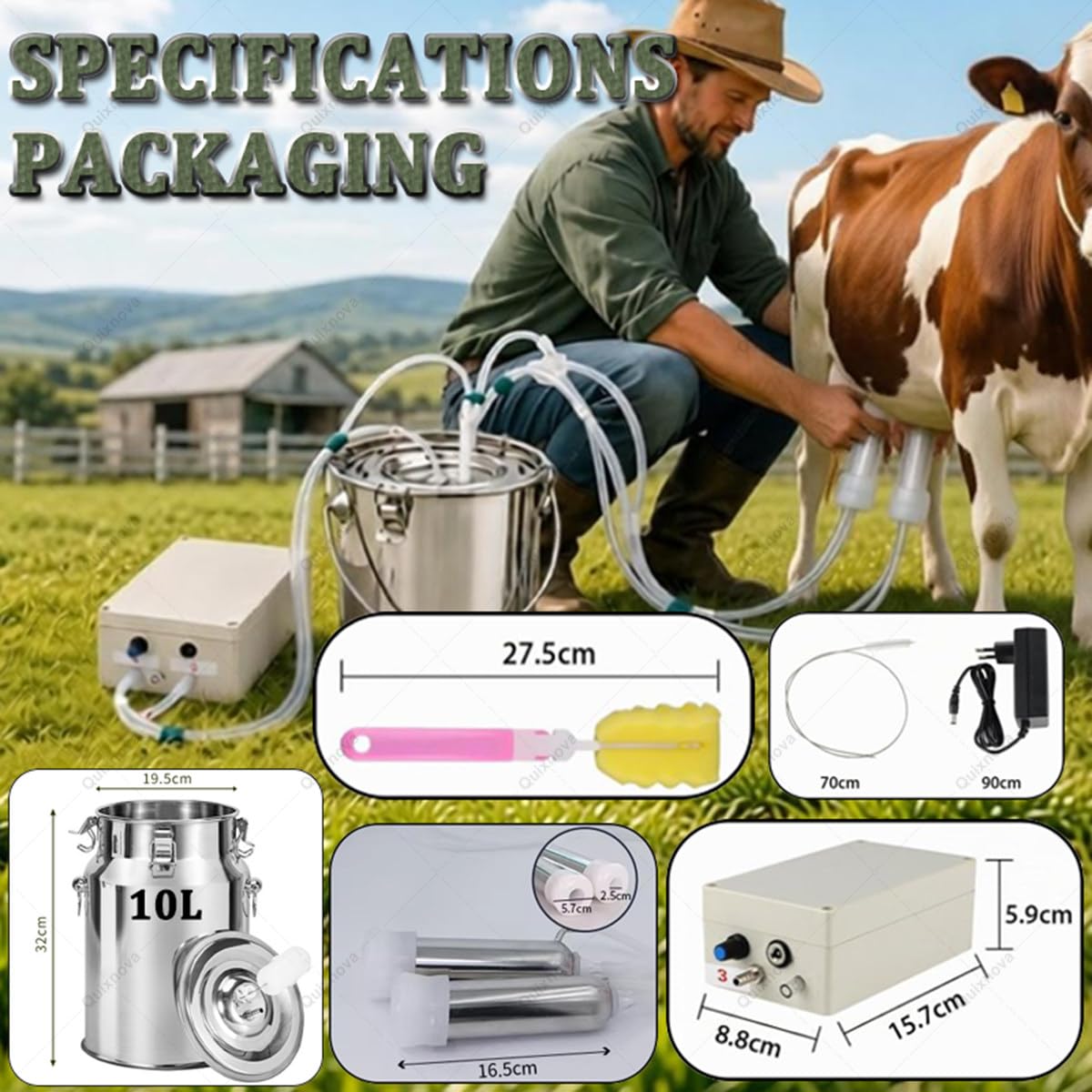 Mungitrice elettrica per capre, mungitrice Portatile per Mucche con Secchio per Il Latte in Acciaio Inox da 10L/14L, Funzione di Arresto Automatico per Piccoli allevamenti Domestici cow-10L