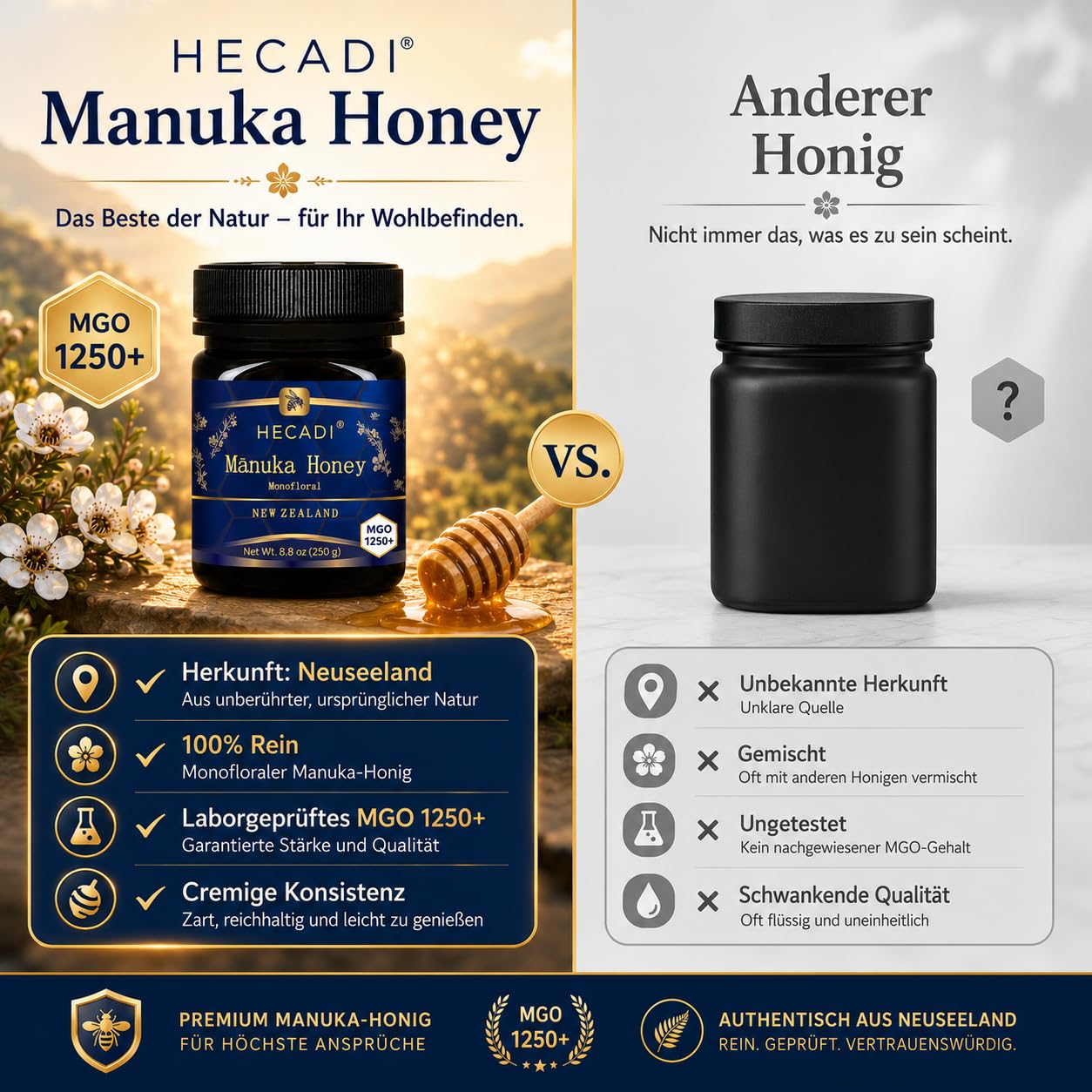 Manuka Honig MGO 1250+ Hecadi® I 100% Pur Original Honig aus Neuseeland I mit zertifiziertem I 250 g