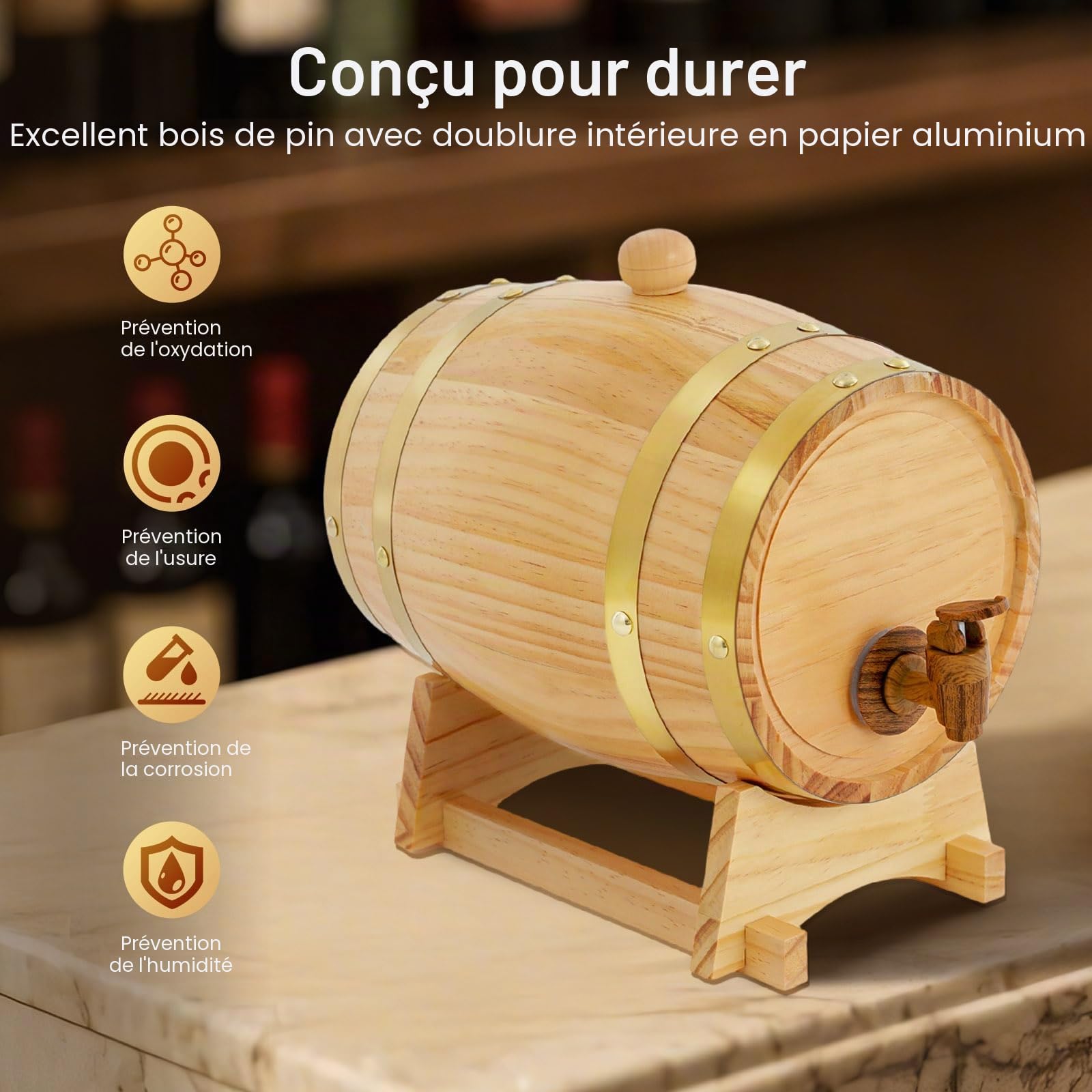 Tonneau à vin de 3 l avec support et robinet Log Color en bois - Convient pour le stockage du whisky, du rhum, du brandy, de la tequila, de la bière, etc