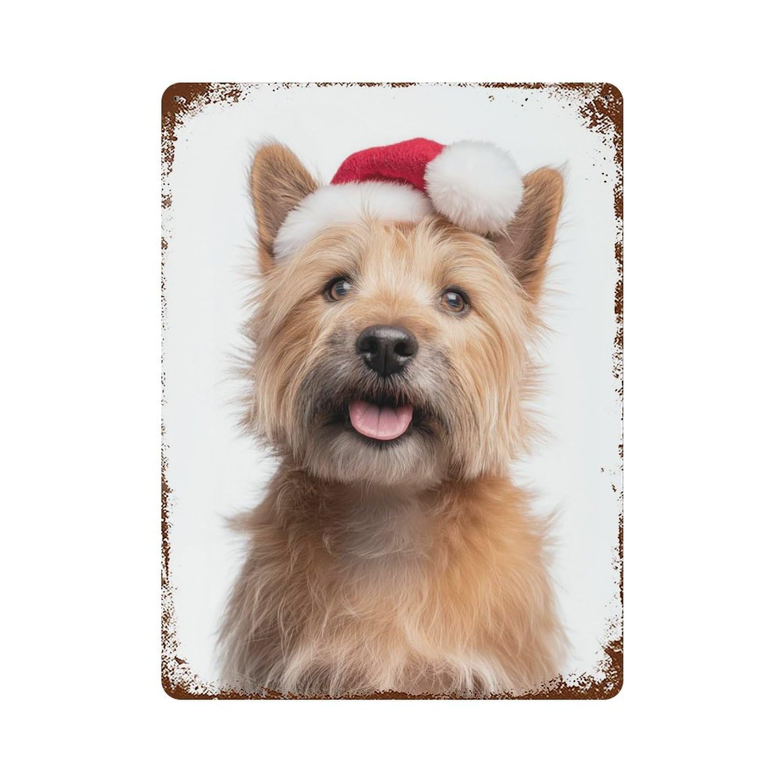 Norwich Terrier Dog with Santa Hat Portrait Vintage Wall Sign 15.7"x11.8", Rust Effect Metal Decor for Living Room, Hallway And Home Decor