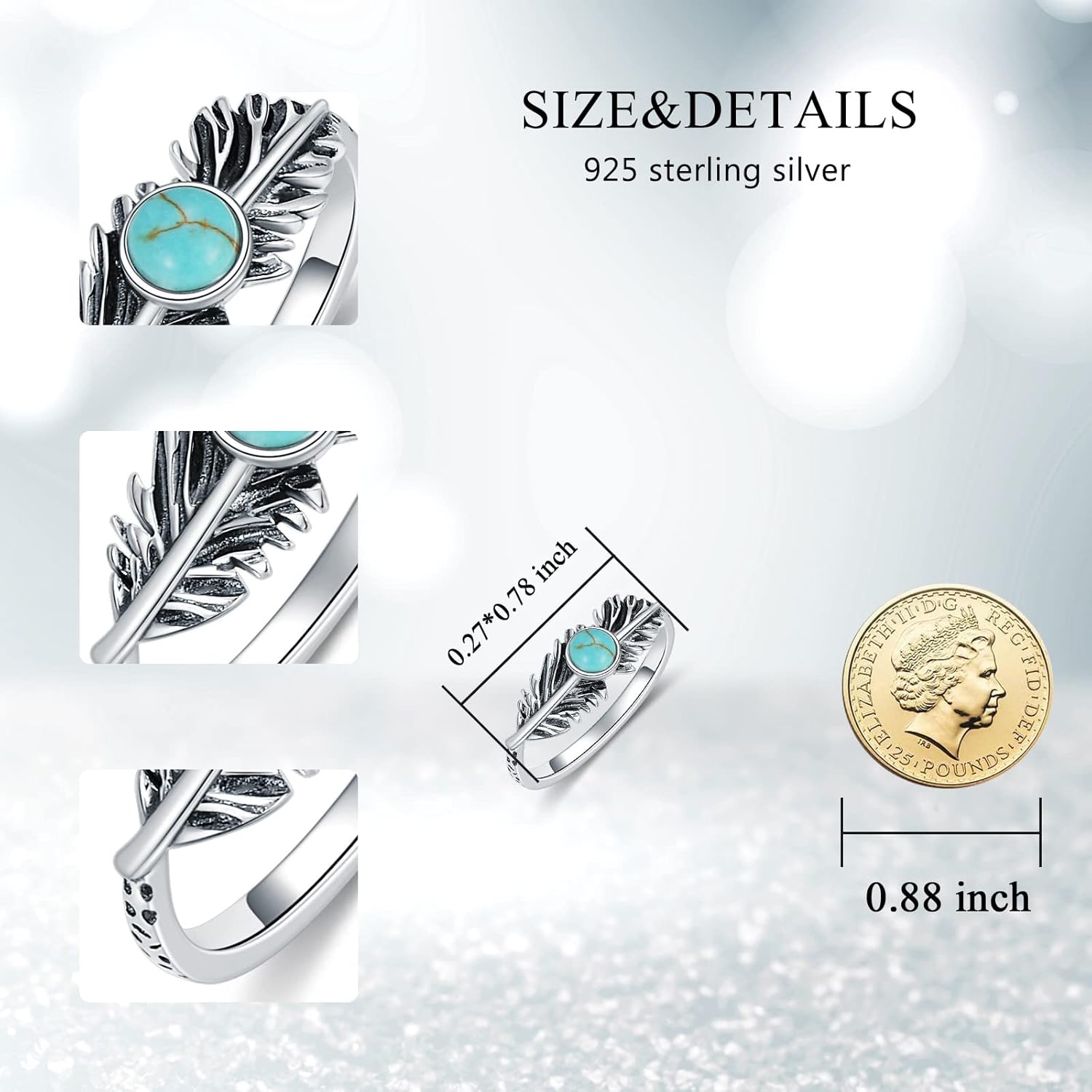 Feather Ring Genuine Turquoise Feather Rings for Women Her 925 Sterling Silver Oxidized Western Ring Navajo Jewelry Gift for Birthday Mother's Day - Image 6