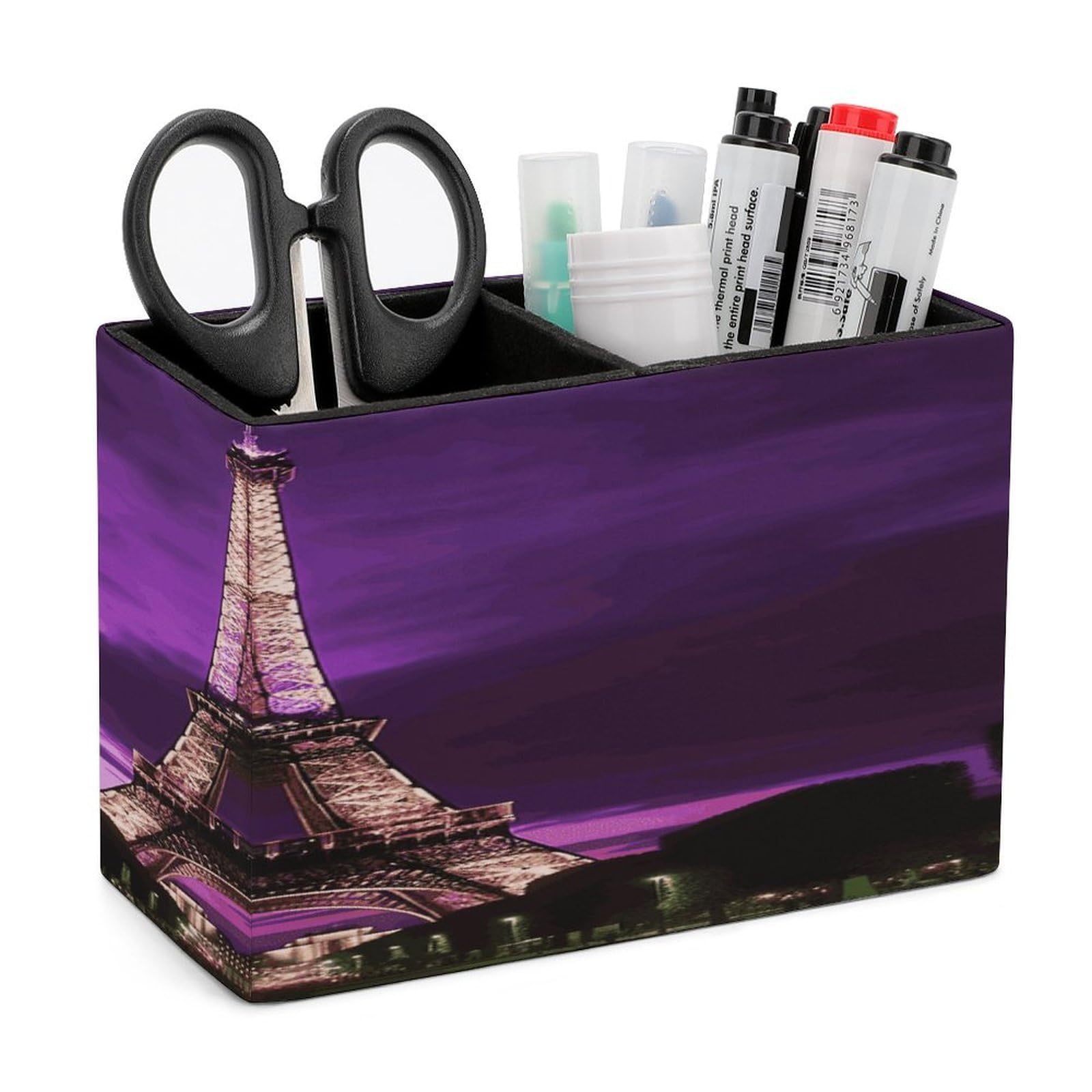 LDGSUPH Purple Eiffel Tower Leather Pen Holder for Desk Organizer Caddy Large Pencil Cup Multi-function Pencil Holder Makeup Brush Holders Pen Organizer for Home Office Storage Box