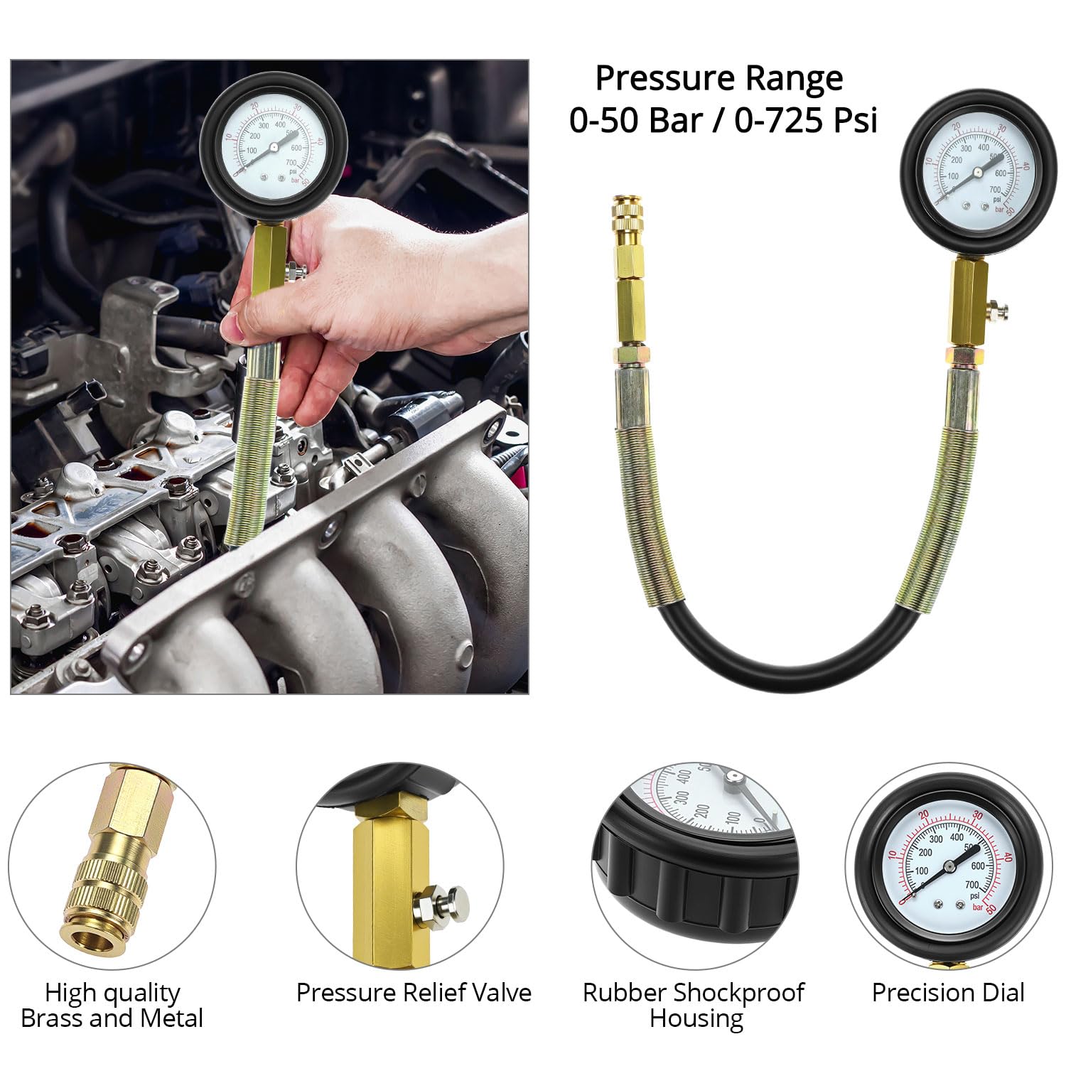 QWORK® 46PCS testeurs de compression et de perte de pression- 0-50 bar/0-725 psi pour moteurs diesel et essence, M8, M10, M12, M20, M22, M24