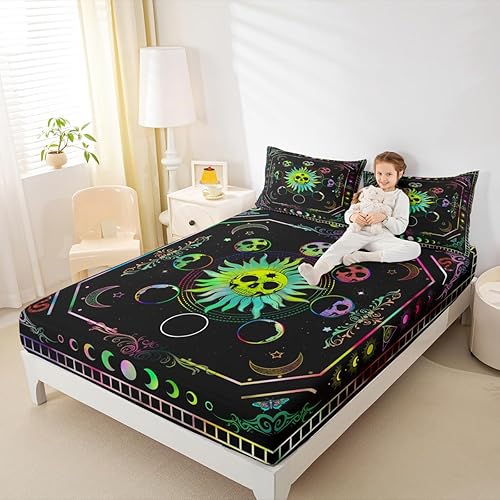 Erosebridal Juego de ropa de cama con diseño bohemio, diseño de luna y estrellas, diseño de calavera gótica, hippie, cosmos, nebulosa, color negro,