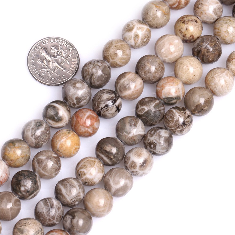 Sweet & Happy Girl's Gemstone Art Beads Gray,Coral 10Mm Natural Round Gray Fossil Coral Jasper Beads For Jewellery Making Strand 15"