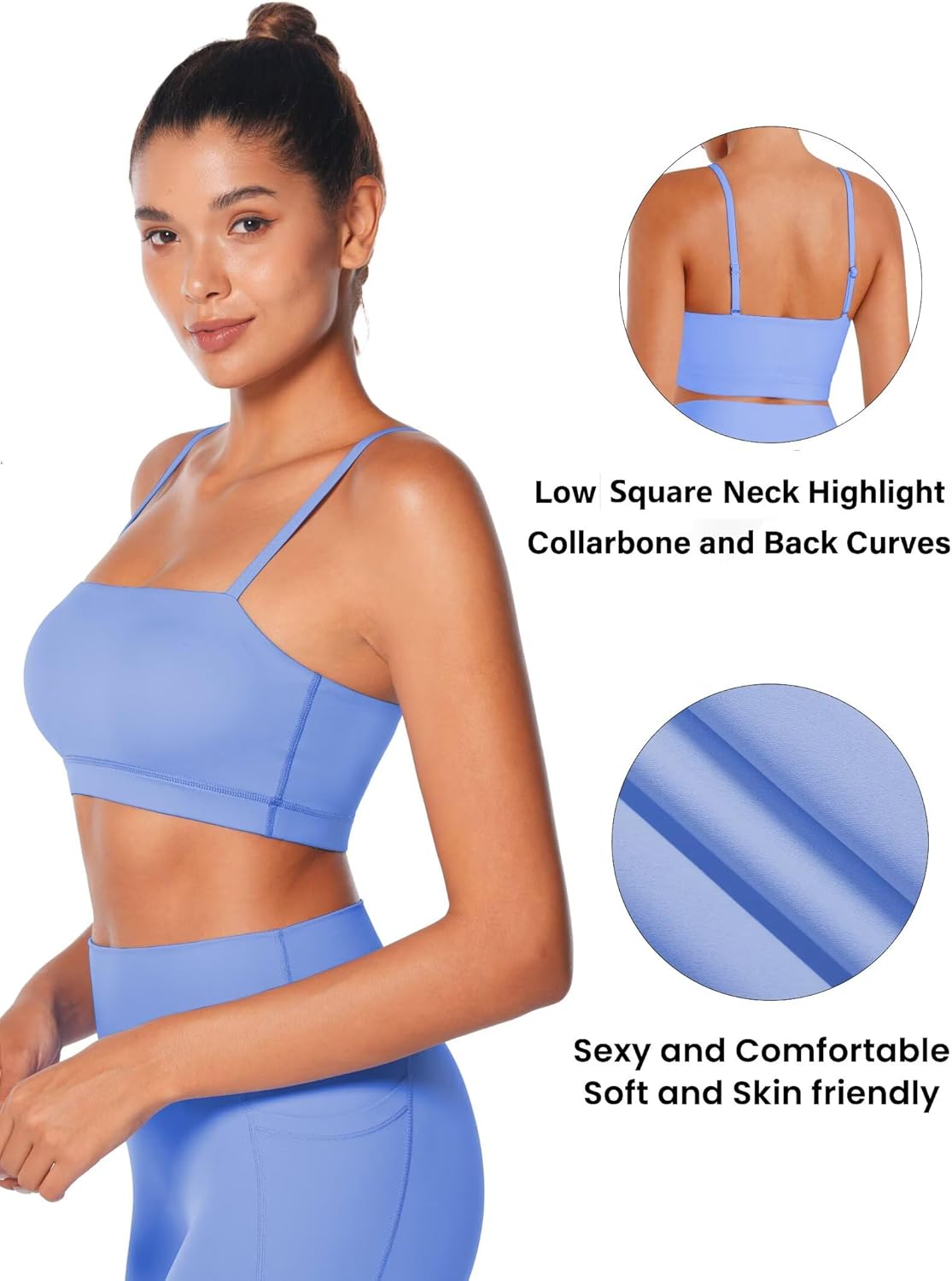 Sunzel Women's Square Neck Sports Bra Adjustable Spaghetti Straps Wireless Padded Yoga Bra Buttery Soft Crop Top Low Impact