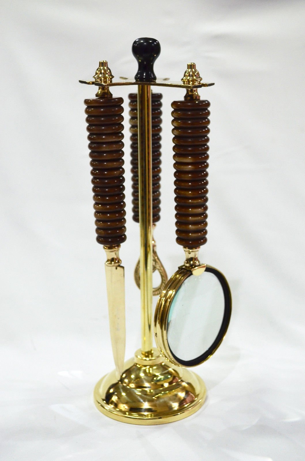 Marine Nautical Store Polish Brass Table Decorative Brass Magnifying Glass Bottle & Letter Opener Stand - Set Of 3