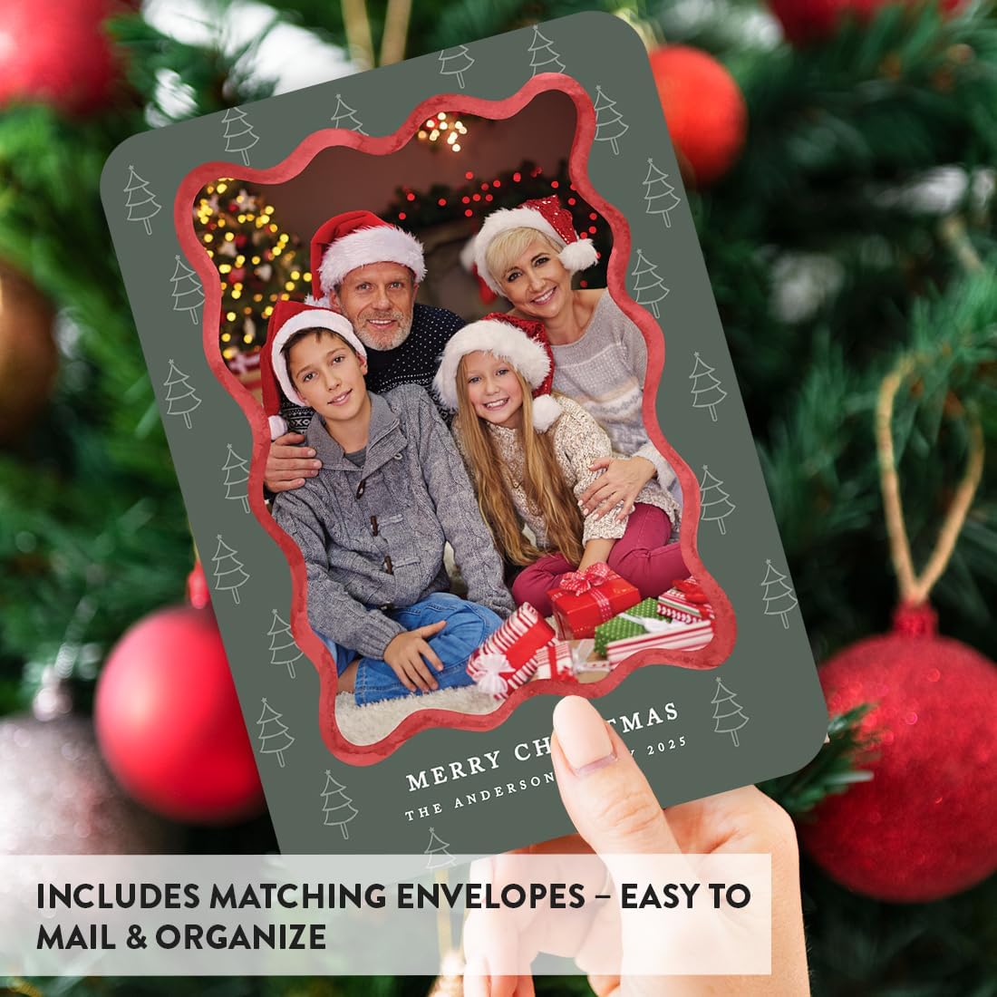 Andaz Press Personalized Christmas Cards with Envelopes, Photo Custom Holiday Cards with Line Design Christmas Trees, 5x7 Inch Thick Cardstock, Bulk Boxed Holiday Greeting for Family, 24-Pack