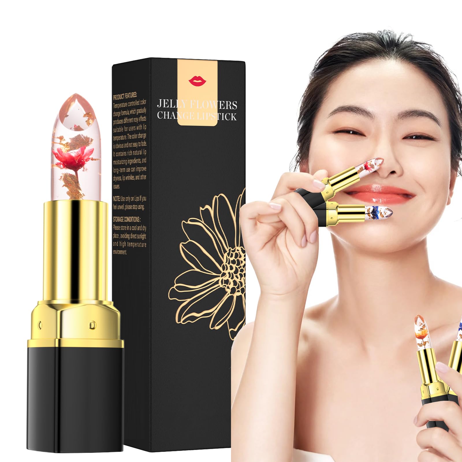 Color Changing Flower Lipstick, Crystal PH Temperature Jelly Lipstick, Crystal Waterproof Non-Stick Cup Lip Gloss, Non Fading Nutritious Moisturizer Makeup Gift Set for Women and Girls (2#Red Rose)