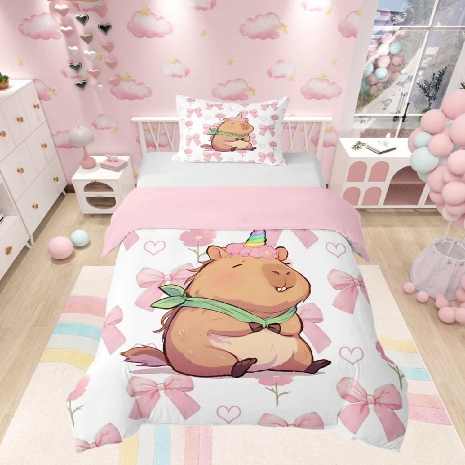 Homewish Cute Capybara Duvet Cover Set Cot Pink Bow Bedding Reversible - Kawaii Capybara Animal Quilt Cover Princess Style for Kids Girls Teens - Bowknot Floral Bed Set with 1 Pillowcase