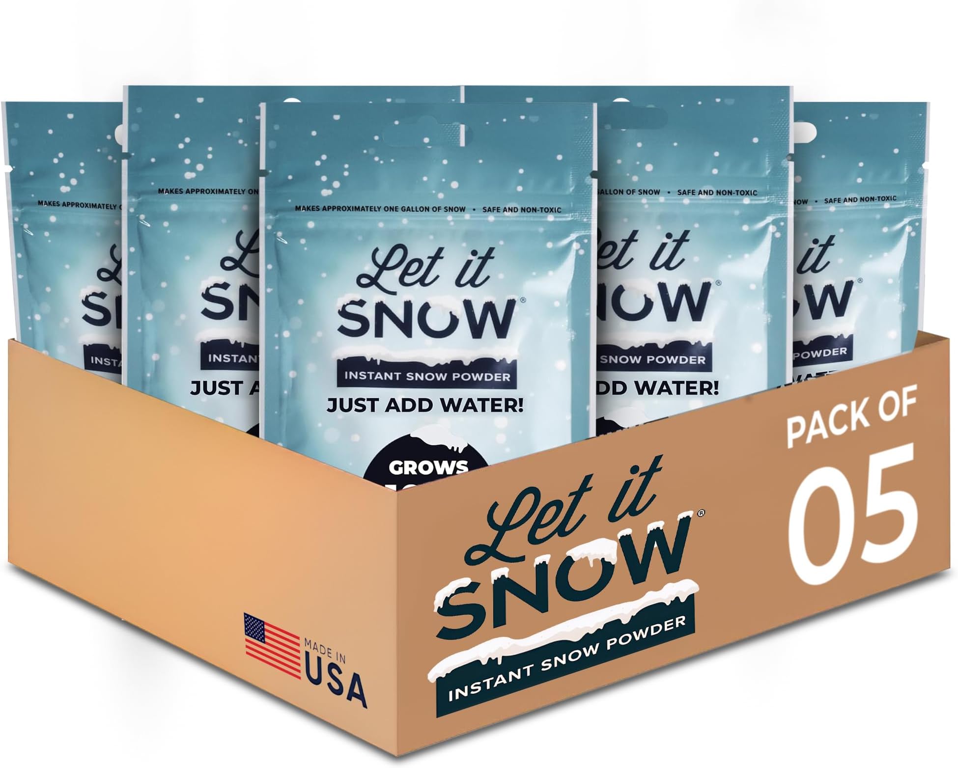 Let it Snow Instant Fake Snow Powder - Made in the USA, Safe & Easy to Use Artificial Snow for Slime, Holiday Decorations, Photography & Sensory Play, 5 Packs, Makes 5 Gallons