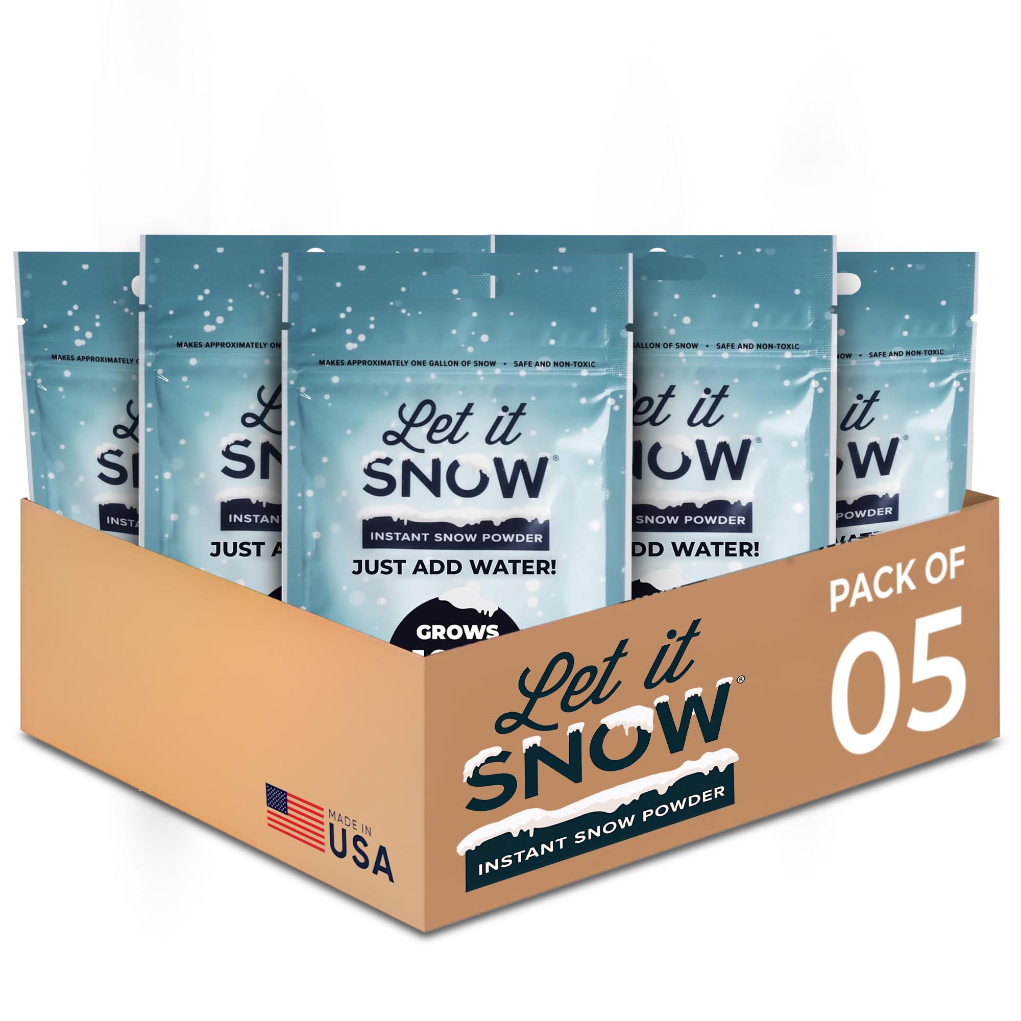 Let It Snow White Instant Fake Snow Powder - Made In The Usa, Safe & Easy To Use Artificial Snow For Slime, Holiday Decorations, Photography & Sensory Play, 5 Packs, Makes 5 Gallons