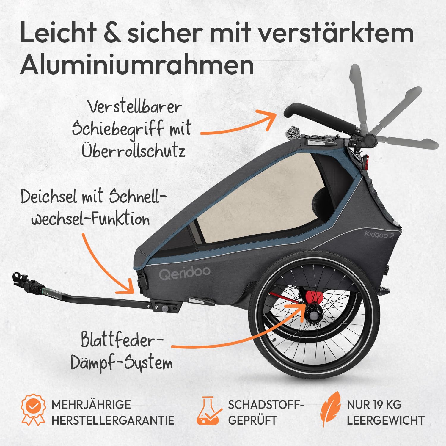 Qeridoo Rimorchio per bicicletta Kidgoo 2 blu navy con sistema di cinture a 5 punti e Easy ARS, pieghevole, con ruota girevole a 360 gradi e protezioni per la testa brevettate, per 2 bambini!