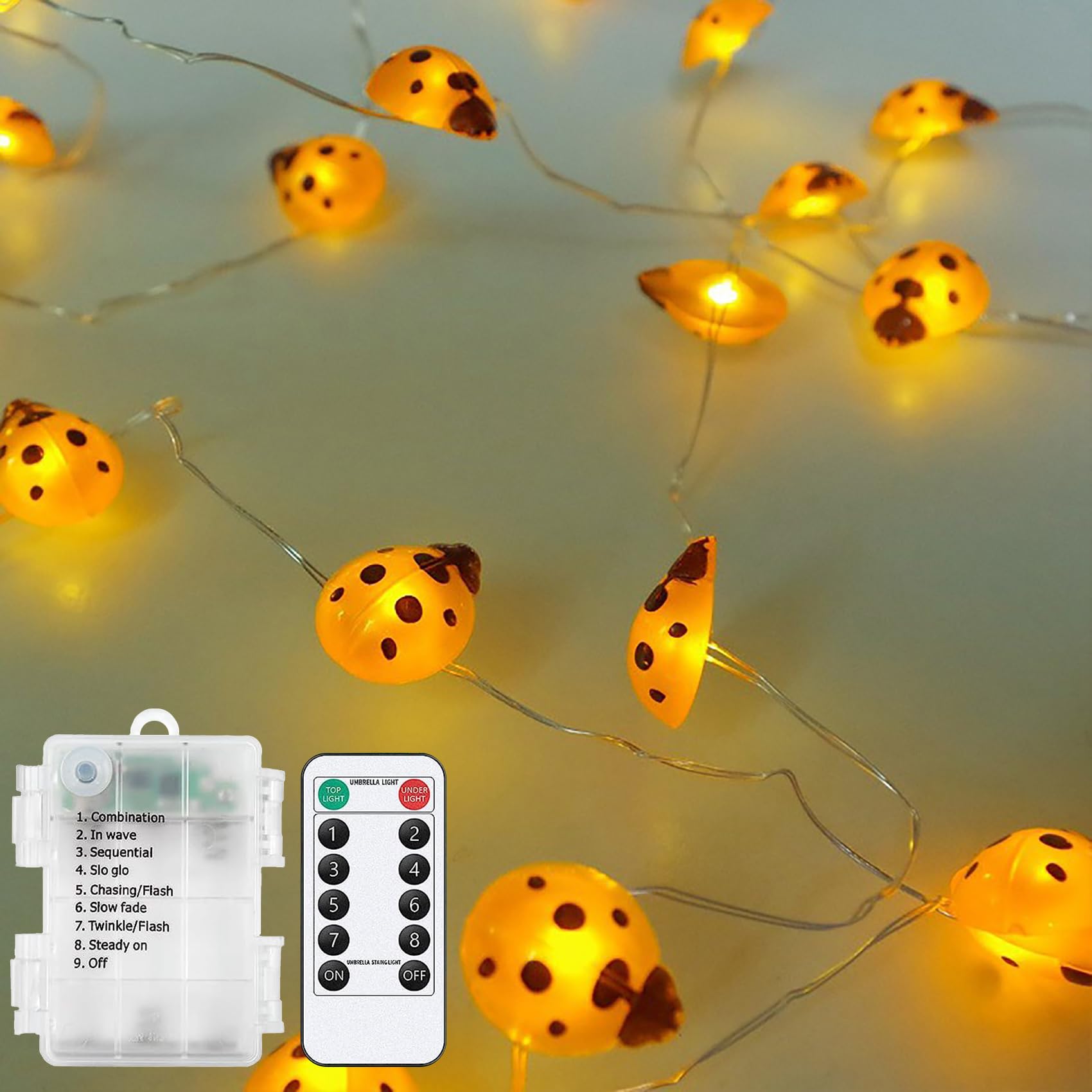 DINOWIN Ladybird Fairy String Lights 10ft 30Led Ladybug String Lights Battery Operated Copper Wire Light with Remote Lady Bug Beetles Insects Lights for Garden Fence Party Bedroom (Yellow)