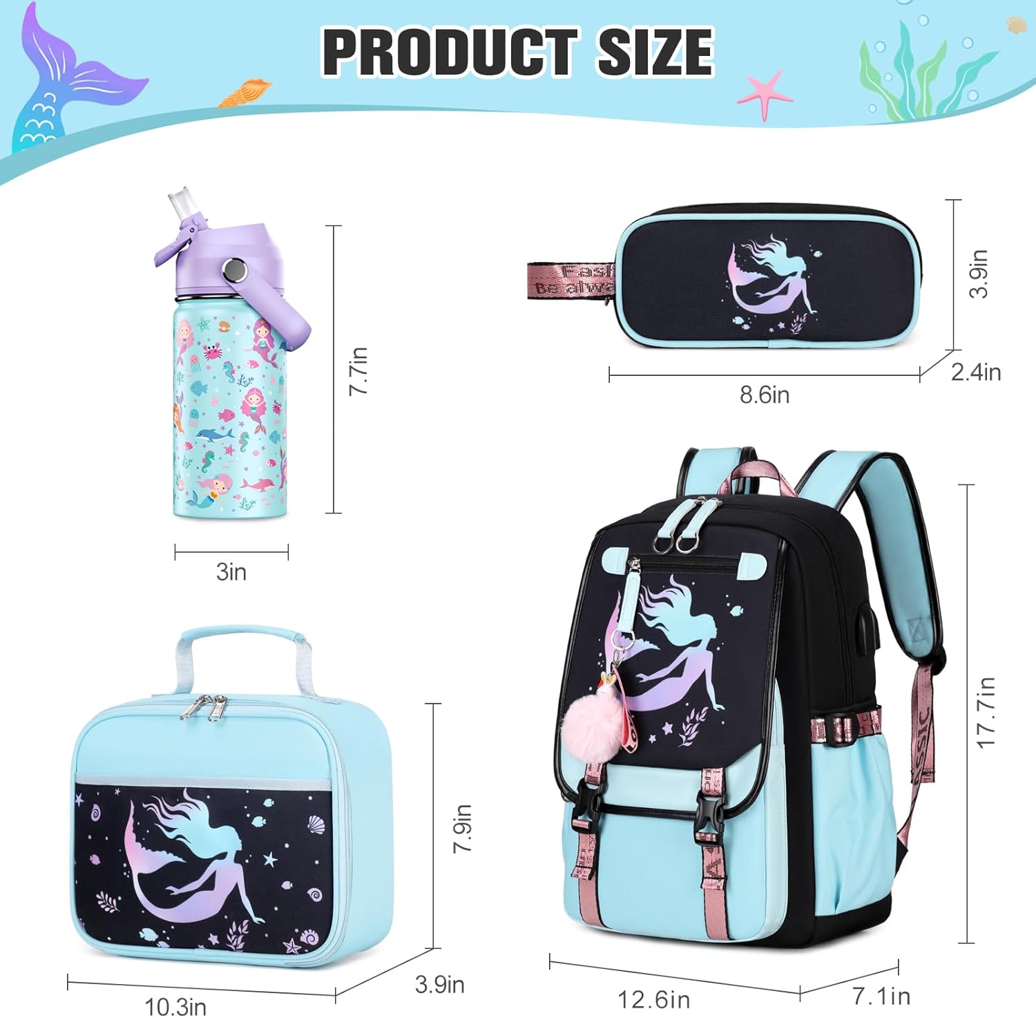Bevalsa Kids Backpack for Girls with Insulated Water Bottle, Blue Cute Bookbag for Girls Kid, 14oz Termos Kids Water Bottle, Insulated Lunch Bag & Pencial Case, Back To School Gift (Mermaid)
