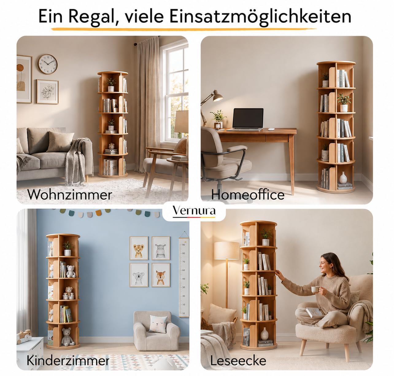 Drehbares Bücherregal aus Holz - 100% Massivholz - Premium Qualität - Platzsparend - Drehregal Bücher Bookcase Rotating Bookshelf Rundes Bücherregal Kinder Drehbar Bücherbaum (5 Böden)