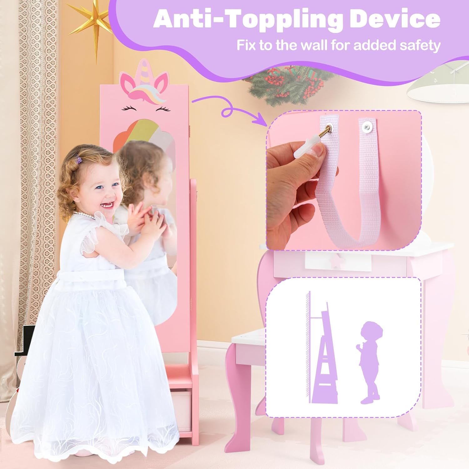 HONEY JOY Kids Jewelry Armoire Cabinet, 45.5" Standing Wooden Standing Jewelry Organizer with Full-length Mirror and Storage Drawers, Children Dress Up Vanity Jewelry Cabinet for Little Girls (Pink)