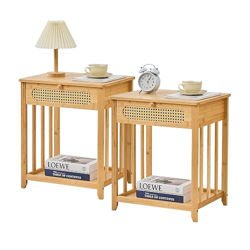 oakvivo Nightstands Set of 2, Rattan Night Stand Bedside Table,