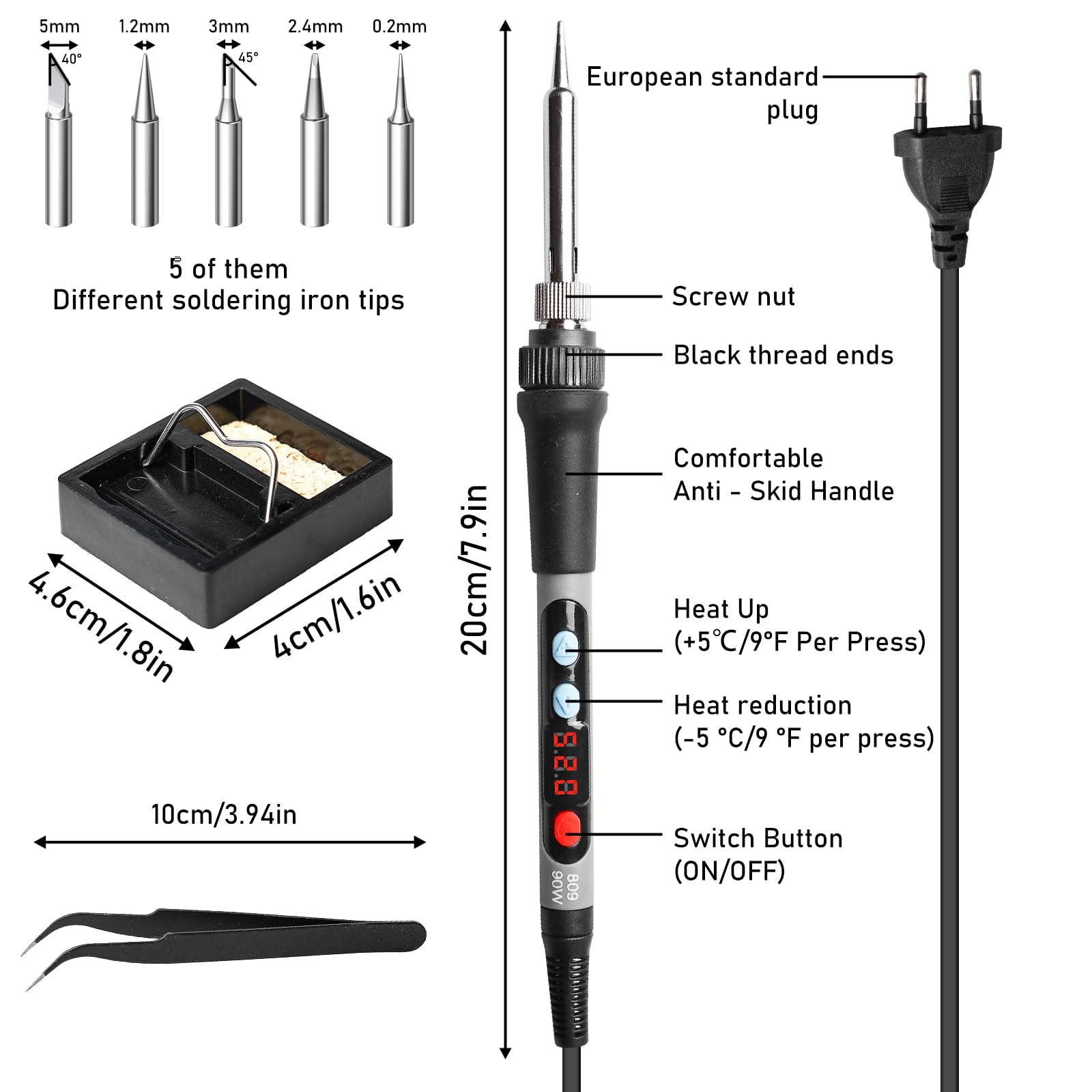 GOMETY Set saldatore 90 W temperatura regolabile 180-520°C 5 punte supporto stagno pinzette