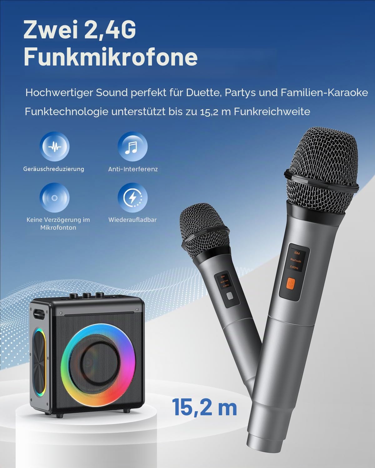 Karaoke Maschine mit 2 mikrofonen, wiederaufladbaren Mikrofonen: Tragbarer Bluetooth-Lautsprecher für Erwachsene und Kinder – PA-System mit Lichteffekten, unterstützt TWS/TF-Karte/USB/AUX