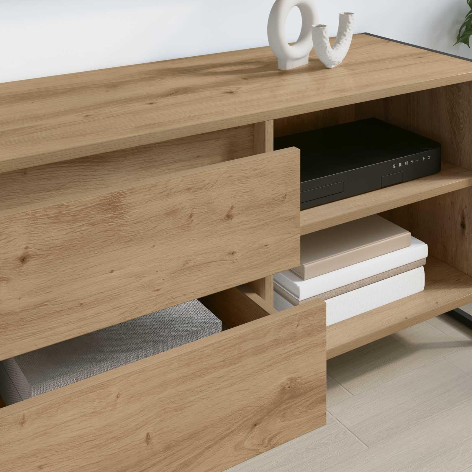 39-Inch Industrial TV Stand with Drawer and Steel Legs, Oak | Crafted from engineered wood, this low profile media center offers open and closed storage for living room entertainment.