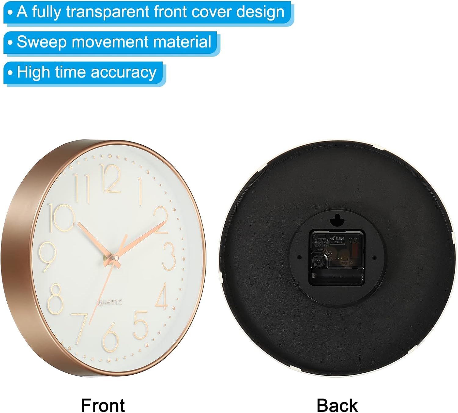 PATIKIL 10 Inch Wall Clock, 2 Pack Battery Operated Silent Non-Ticking Round Wall Clocks for Office Bedroom Decorative, White/Rose Gold