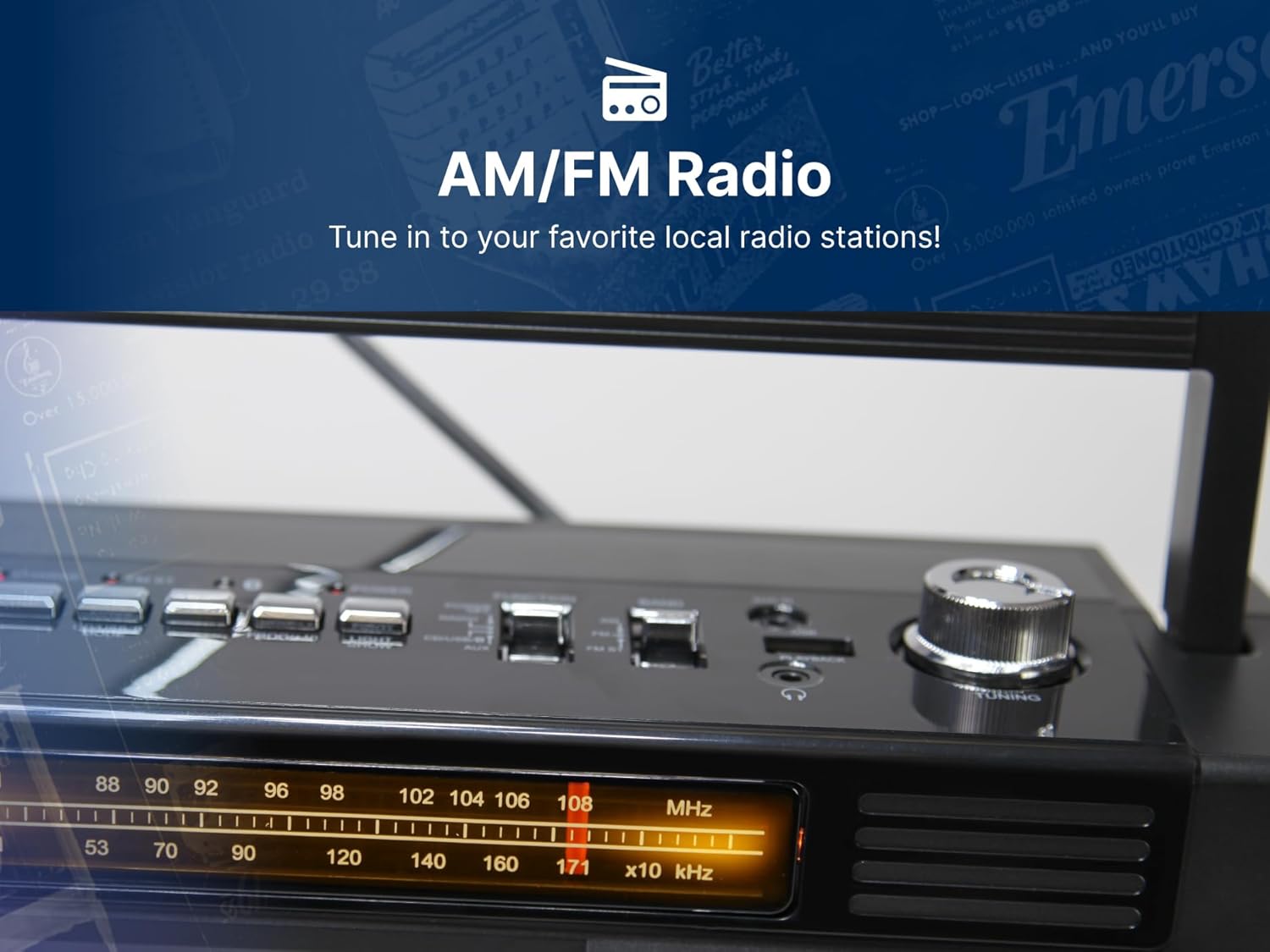 Rear view of the Emerson EPB-3004 Portable CD Player Boombox showing power input and antenna