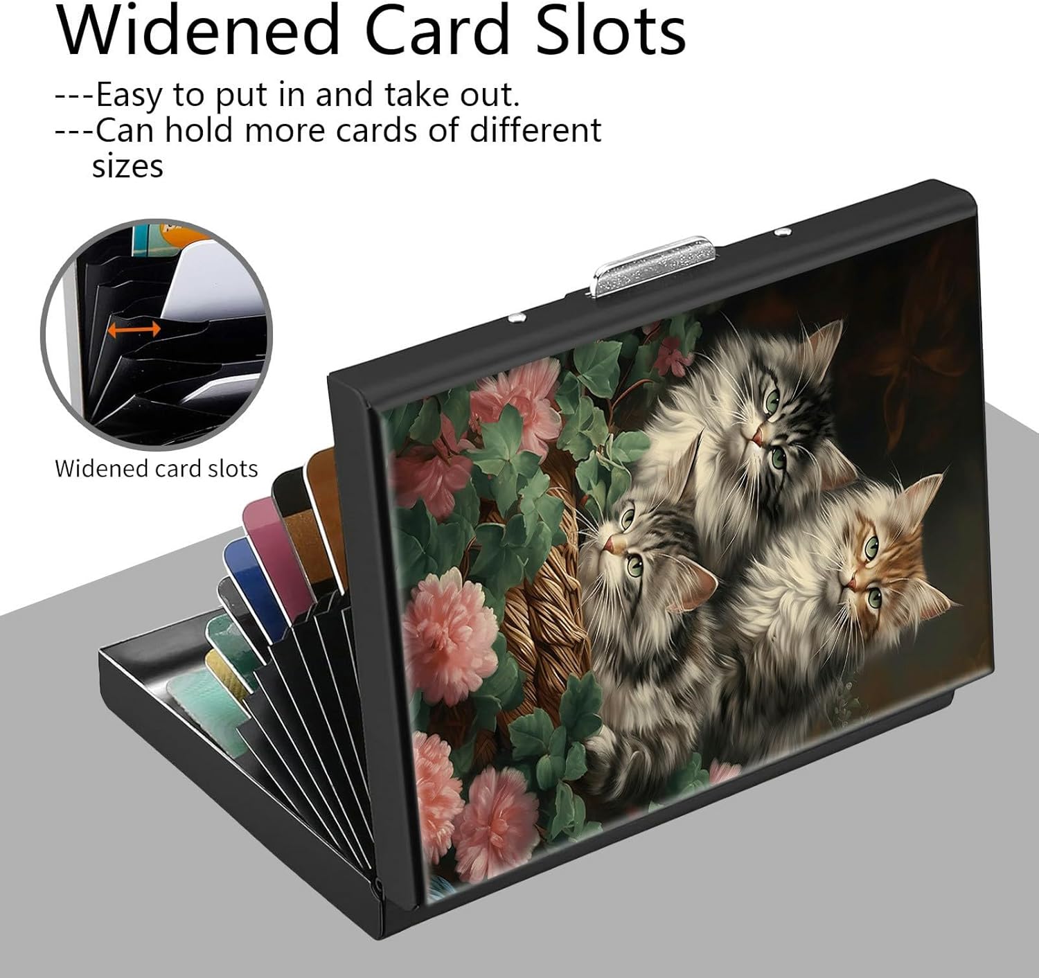 Credit Card Holder, Cute Cat Flowers Design Mini RFID Blocking Aluminum Wallet Slim Metal Hard Case Shell Travel Wallet ID Case Small Credit Cards Case Business Cards for Women Men Girls - Image 4