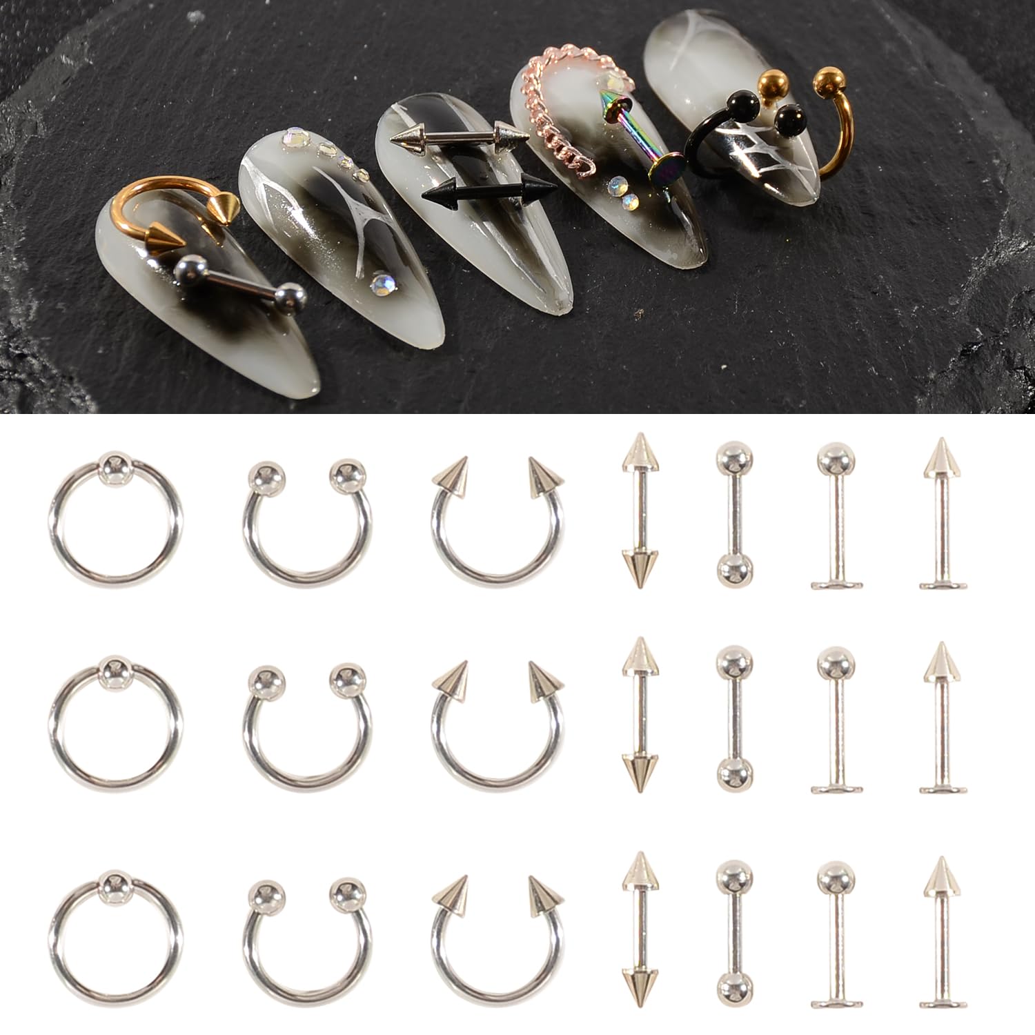 3D Metal Punk Nail Charms Tungsten Carbide Cross Hanging Rings Spike Nose Lip Y2K Studs Silvery Alloy for Gothic Decorations Face Makeup