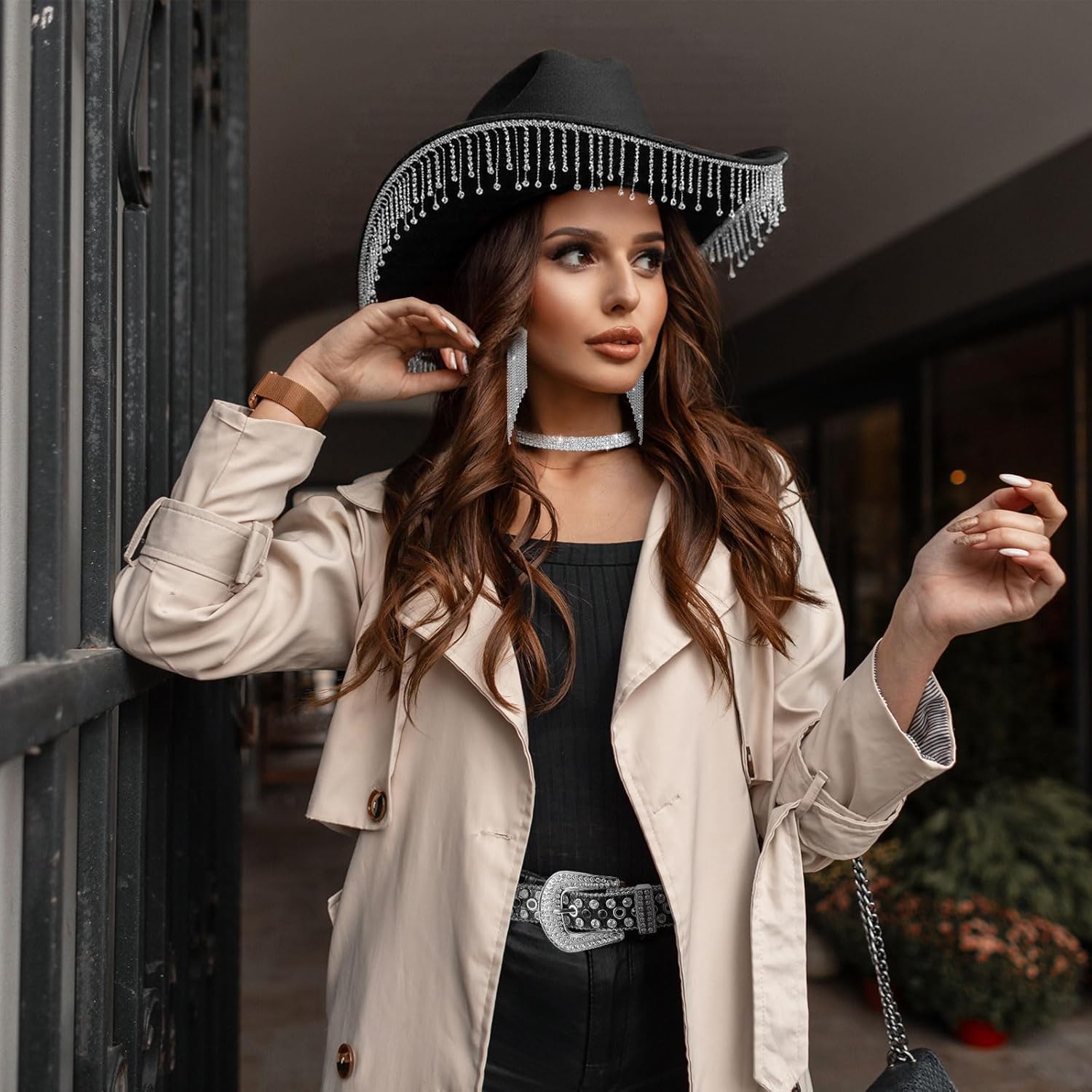 Hercicy 5 Pcs Western Glitter Cowgirl Hat Rhinestone Women Cowboy Hat Sparkly Jewelry Costumes for Disco Bride Party