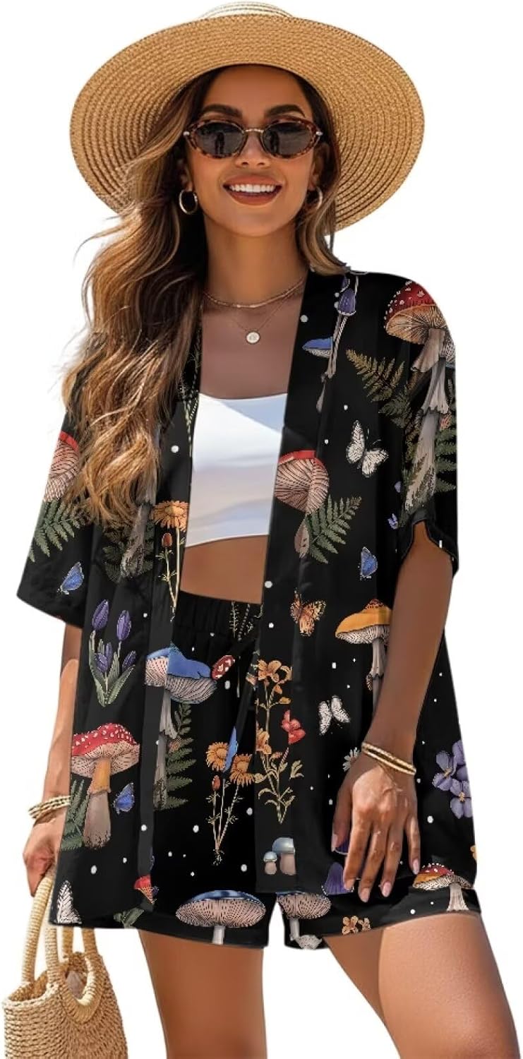 ZFRXIGN Summer Womens 2 Piece Outfits Vacation Kimono Cover up and Drawstring Shorts Set Loose Outfits S-XL