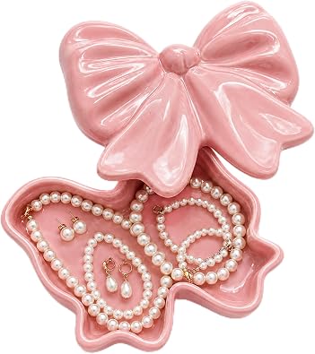 Pink Bow Ceramic Jewelry Box with Lid Cute Animal Trinket Dish