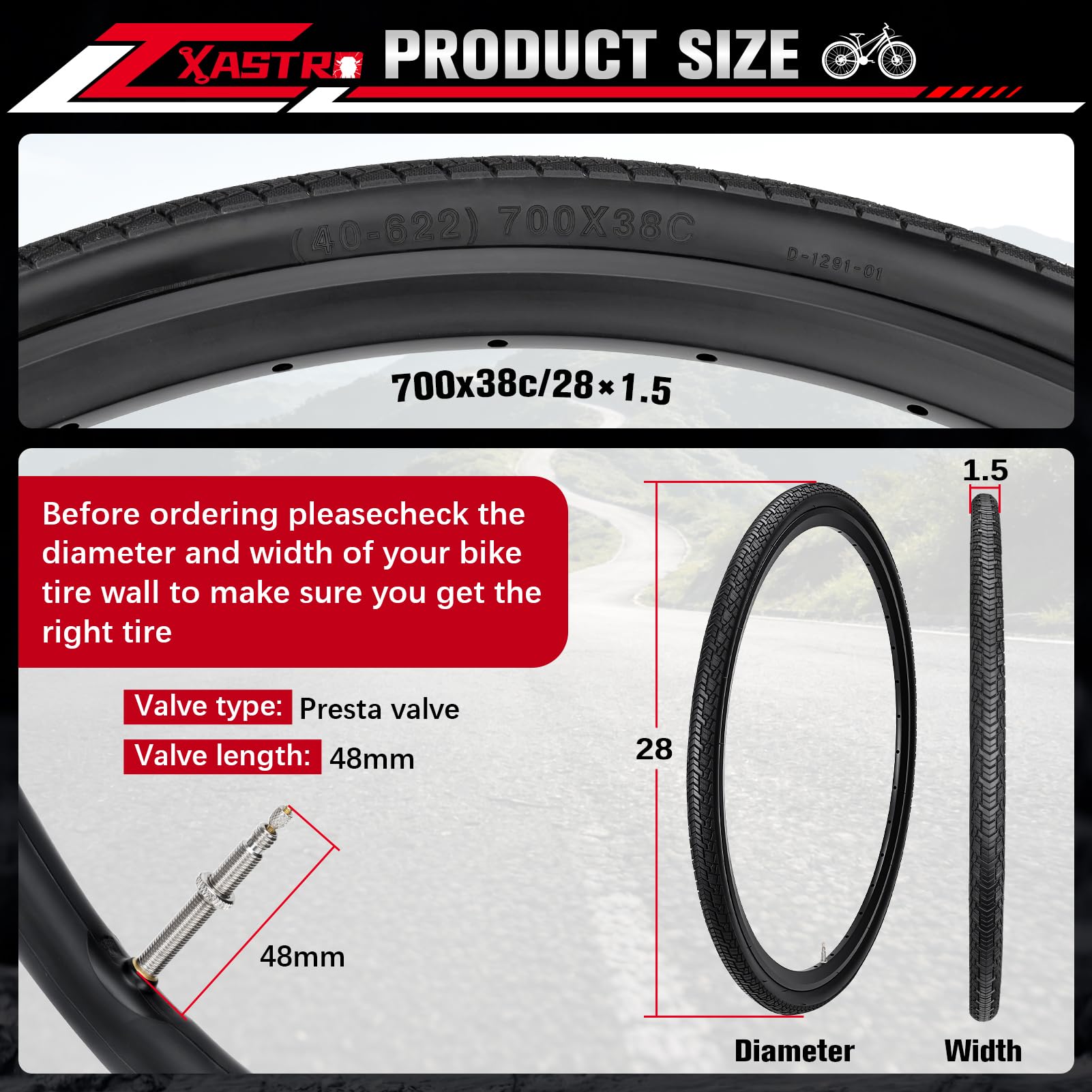 Xastro Lot de 2 pneus de vélo 700 x 38c Pliable Pneus 28x1.5 Pouces avec 40-622 Vélo pneus and Chambre à air pour Tournée & Électrique & Route & Hybrid & VTT Velos 2-PCS 700C Vélo pneus 700x38C