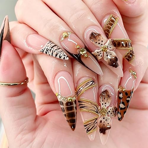 24 Pieces French Tip Press on Nails Long Almond Brown with Floral Leopard Print, Full Coverage Acrylic Artificial Nails Reusable for Women and Girls