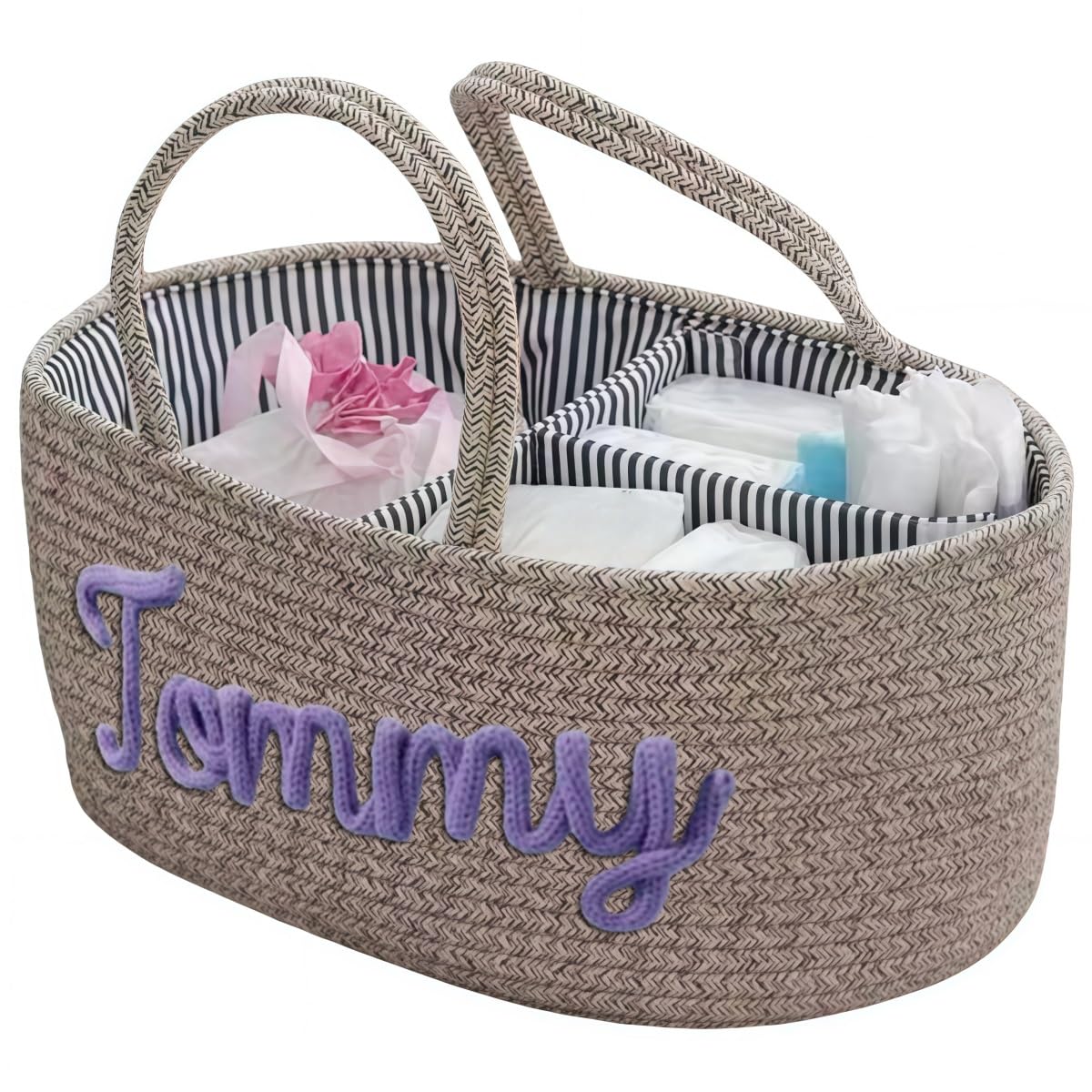 Cesto Regalo Personalizzato Per Baby Shower Con Nome, Cestino Portaoggetti Per La Cameretta In Corda Di Cotone Per Organizzare Pannolini, Salviette E Articoli Essenziali Per Neonati(Beige)