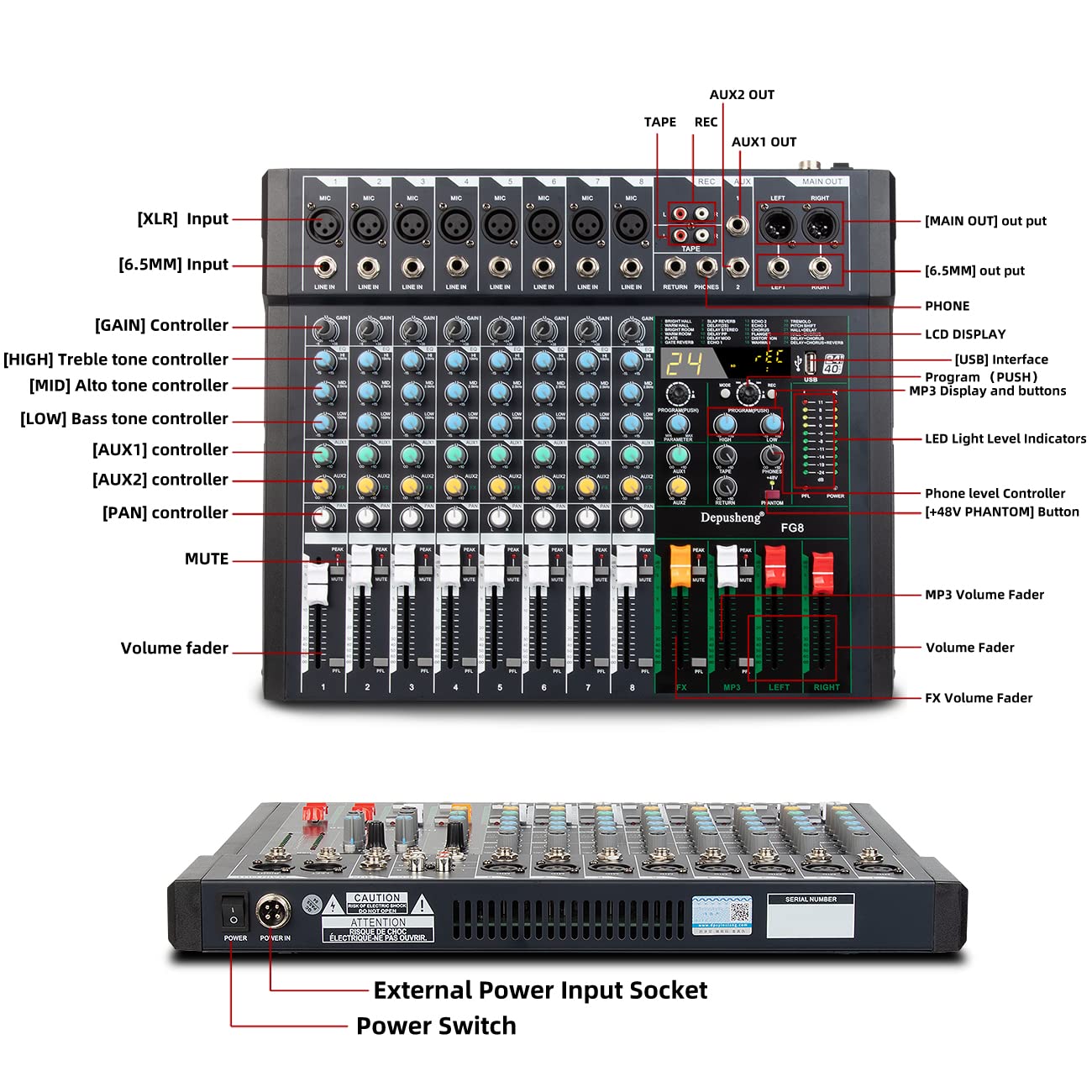Depusheng FG8 Table de mixage audio professionnelle 8 canaux pour enregistrement sur ordinateur Interface de contrôleur de son 24 effets DSP intégrés avec alimentation fantôme 48 V, MP3, Bluetooth
