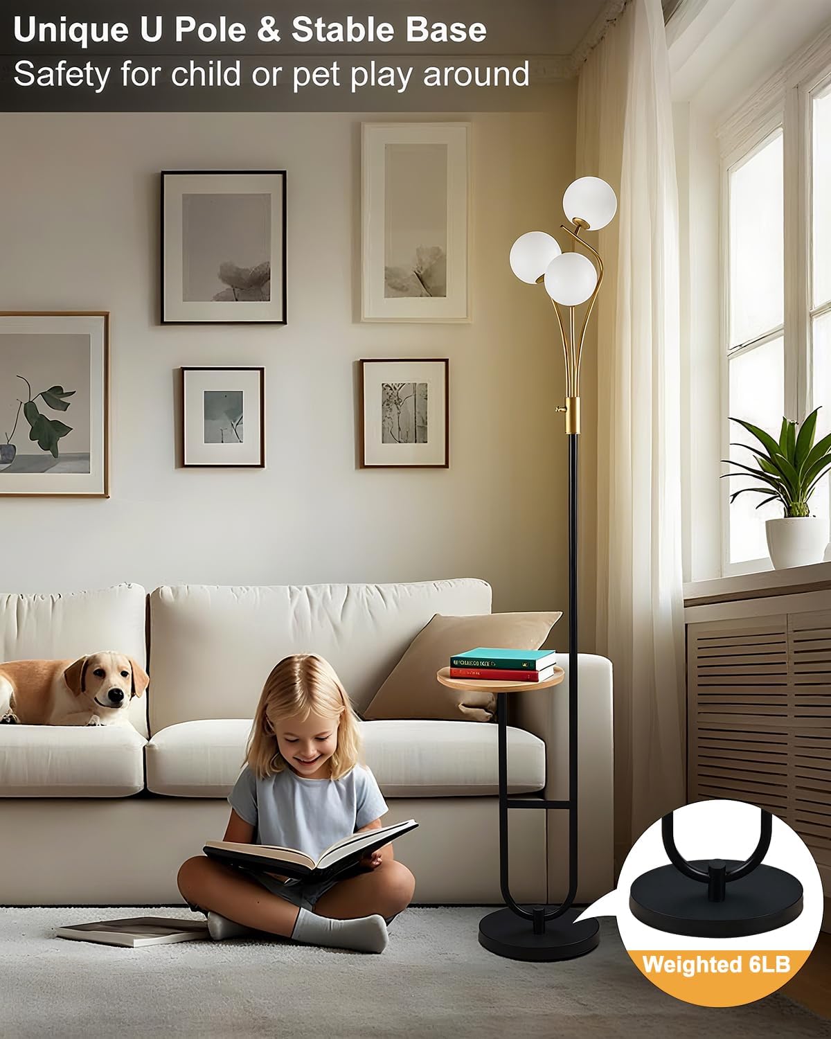 Lightdot Dimmable Gold &Black Floor Lamp with Tray 65IN Mid Century Standing Lamps with Shelf, 3000K Warm White Bulbs Included, Modern Globe Floor Lamp for Living Room/Bedroom/Sofa Beside/Corner Decor