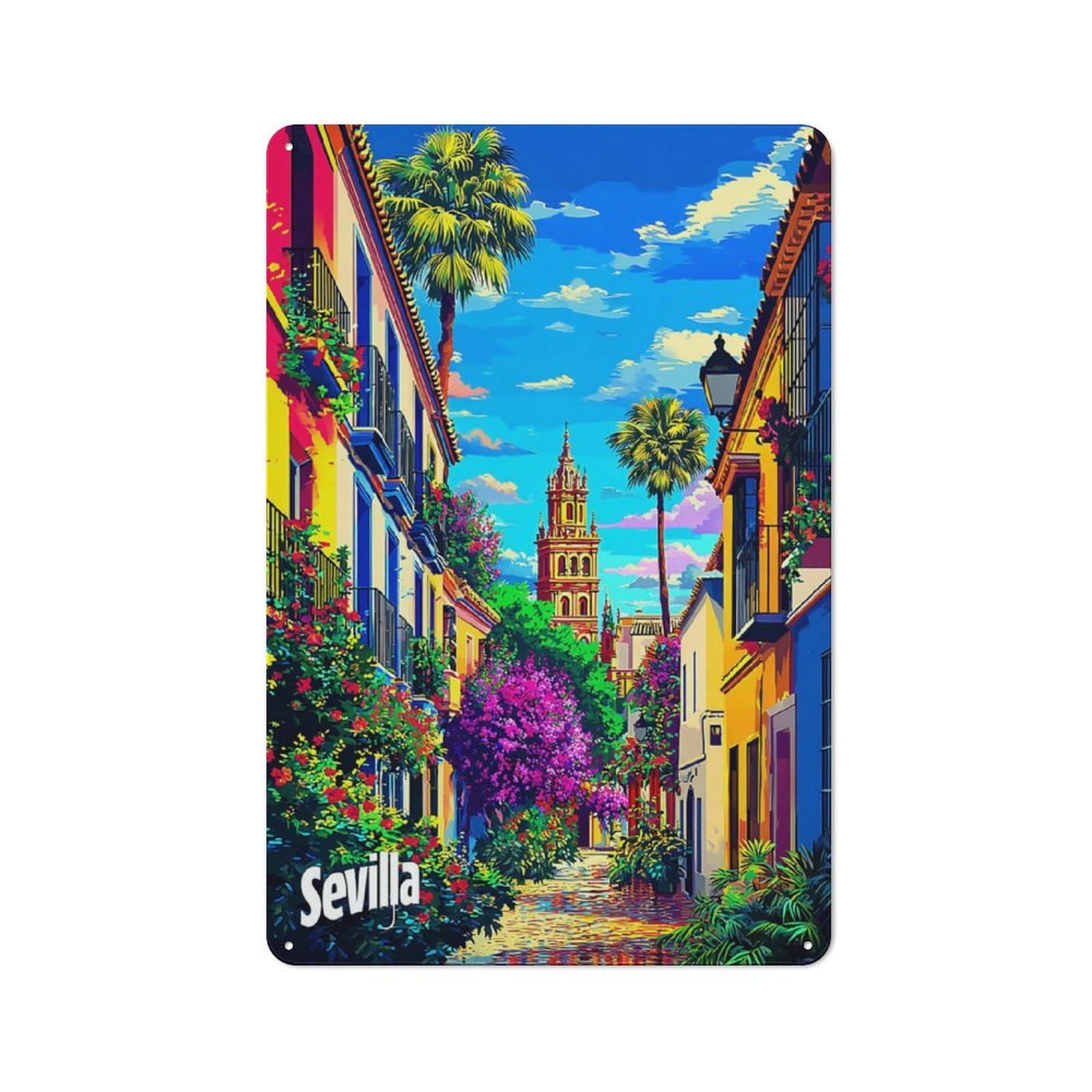 Junmoney Colorful Streets Of Sevilla Loft Style Metal Wall Decor 30X20cm, Decorative Metal Plaque For Loft, Studio, Office Or Creative Room