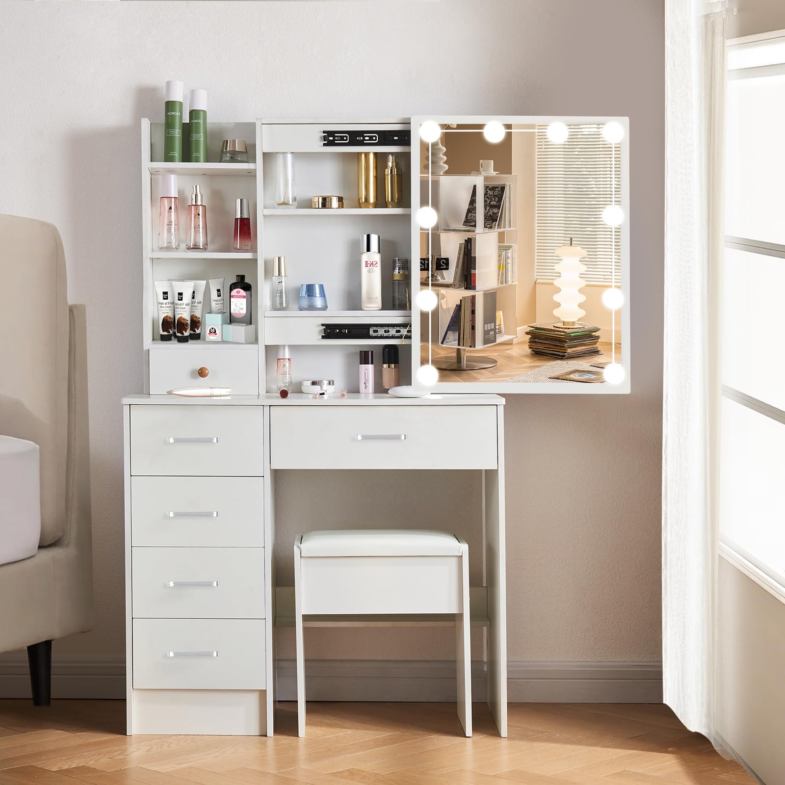 Tocador de Maquillaje con Luces y Espejo, 3 Modos de luz, Tocador con Taburete y 6 Cajones + 6 Estantes, MDF Blanco para Dormitorio, 80x36x130 cm
