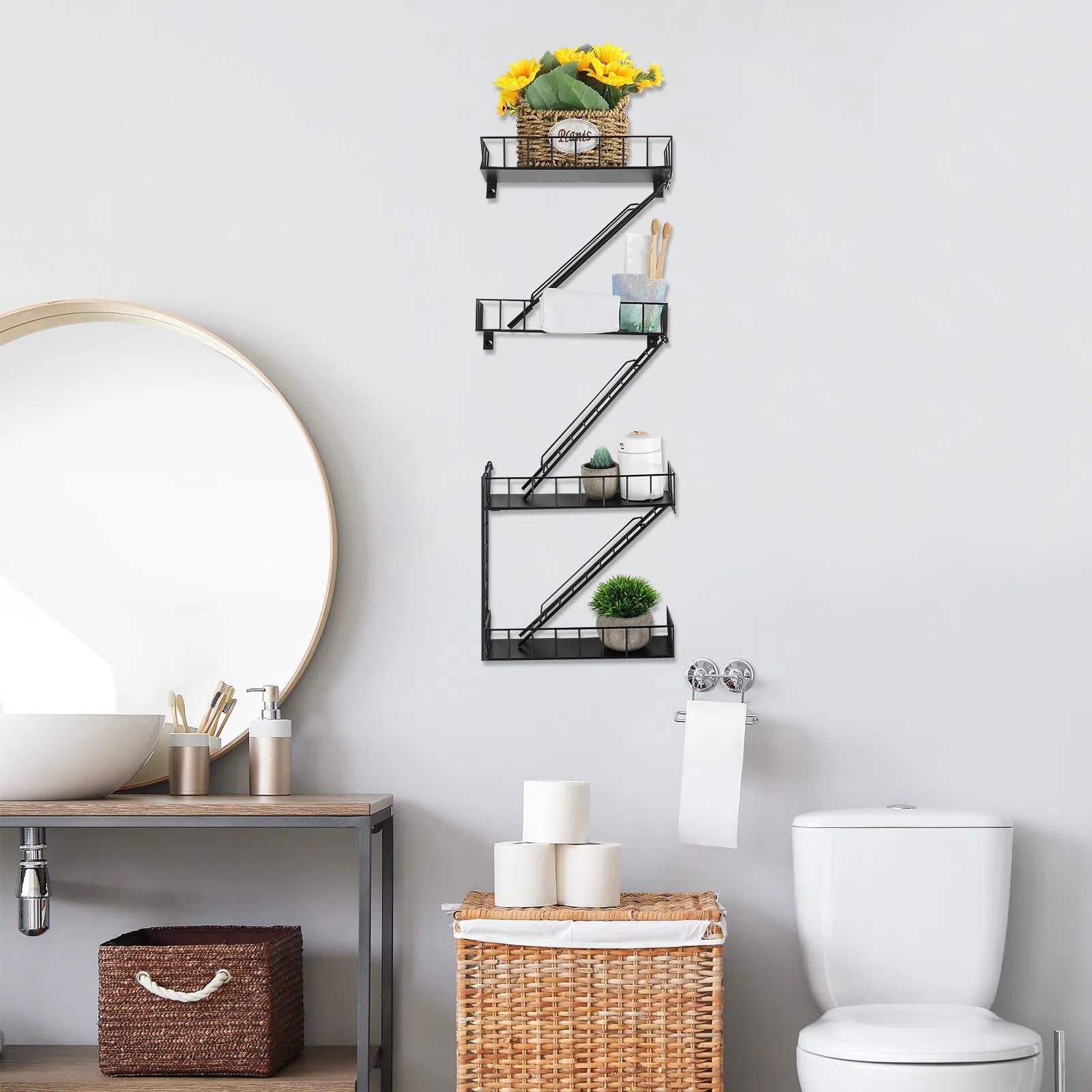 Zonon Estante de escape de incendios para colgar en la pared, estantería de metal para colgar, decoración de escalera de metal, organizador de pared de escape de incendios, estantes flotantes de