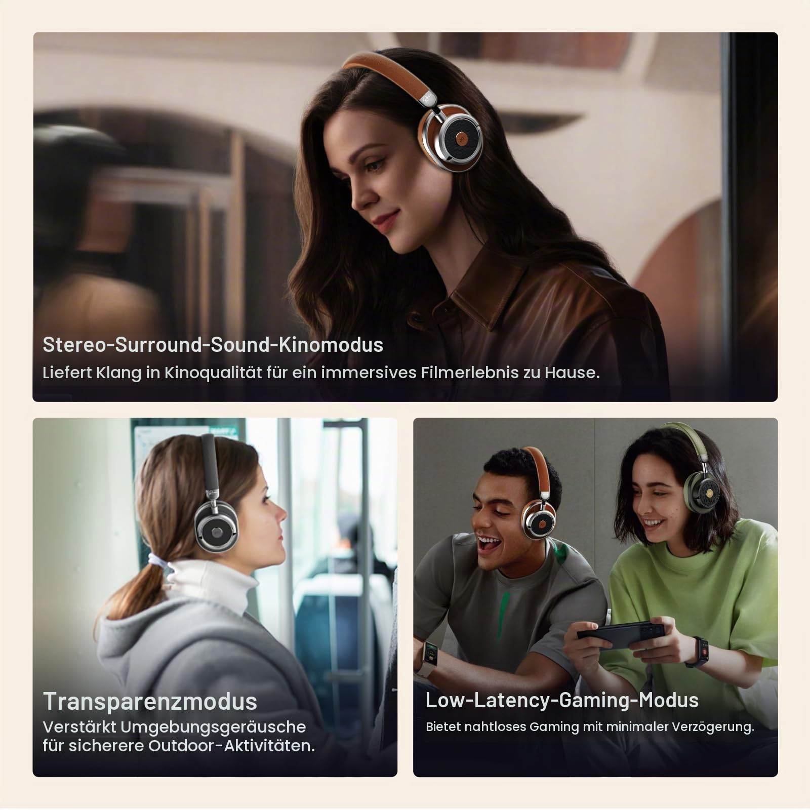 iKF Rona Retro Kopfhörer Bluetooth Mit Adaptive Noise Cancelling, Vintage Kopfhörer Kabellos, Hi-Res Audio, bis zu 75 Stunden Spielzeit, HD-Mikrofon, Transparenz Modus,Custom EQ über App(Braun)