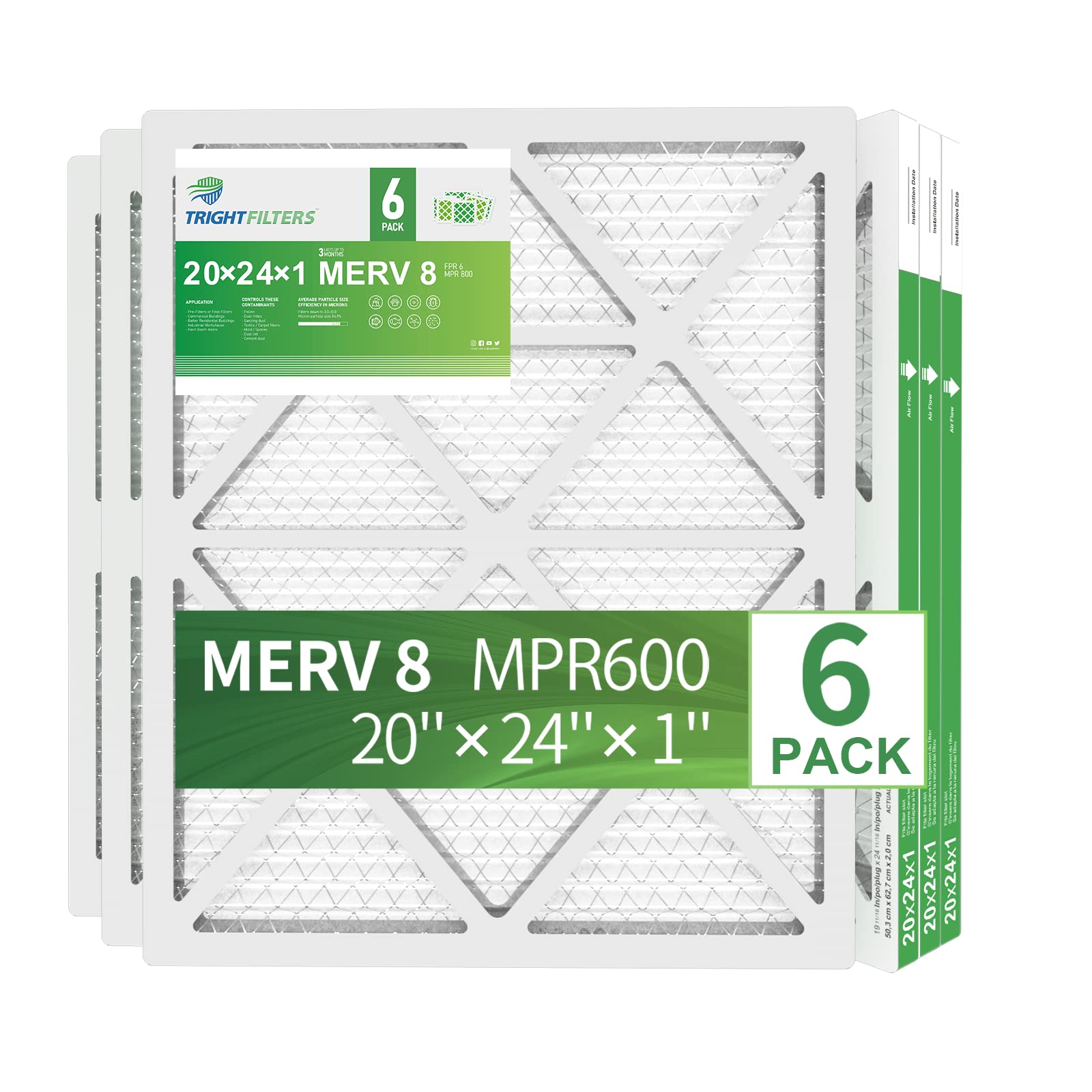 20x24x1 Air Filter, MERV 8 Dust Defense Pleated HVAC AC Furnace Air Conditioner Filters Replacement, TRIGHTFILTERS 6 Pack