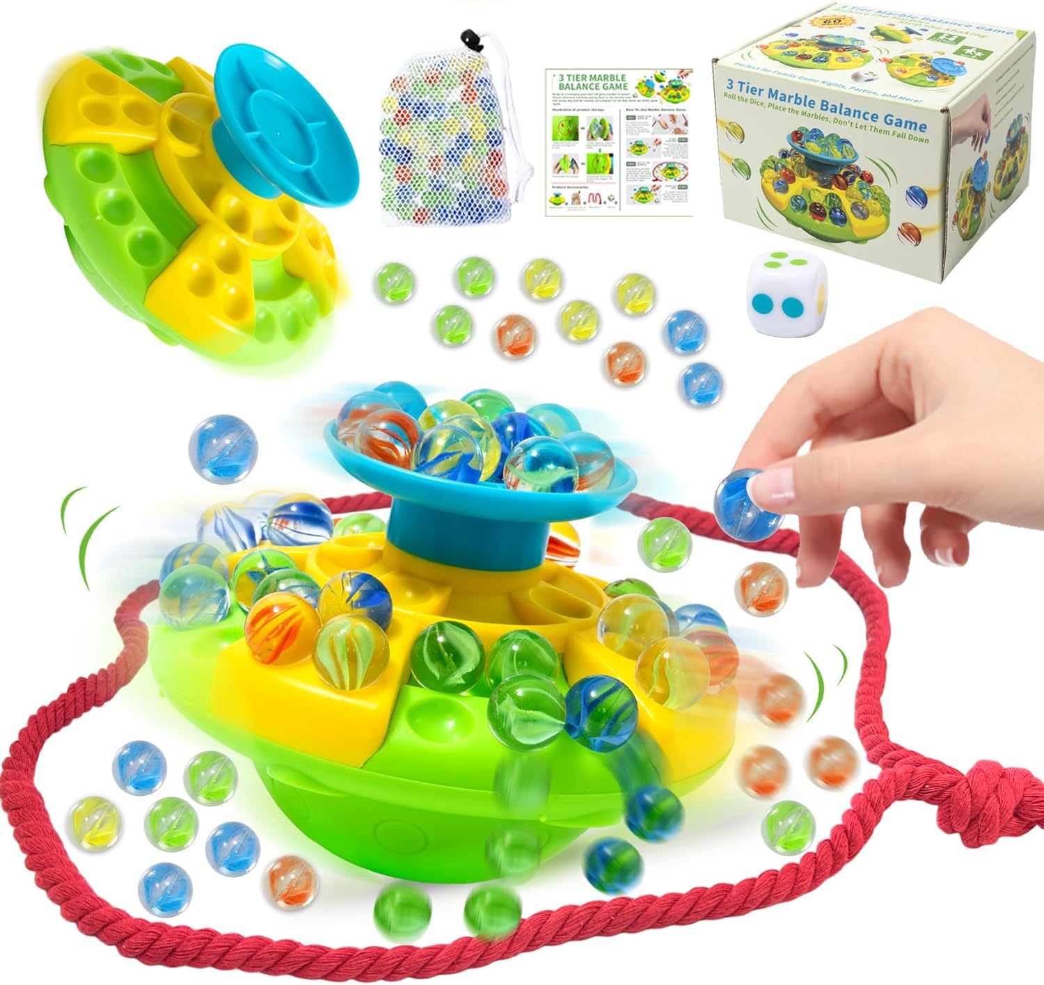Marble Balance Board Game, Balance Game with 60 Glass Marbles, Dice, String & Storage Bag, Fun Family Board Game for 1-4 Players, Portable Multiplayer Travel Games