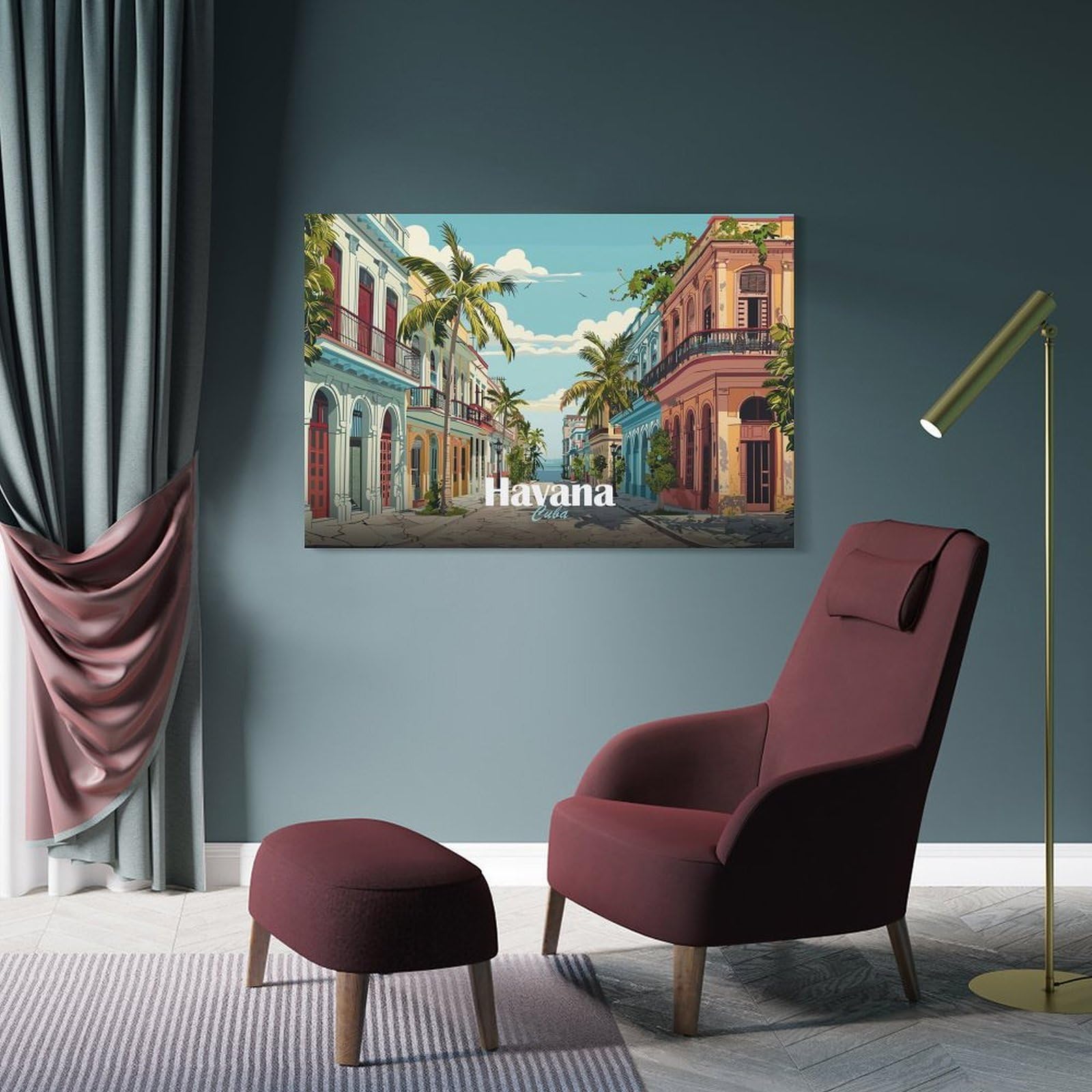Junmoney Frame-Style-21 Havana Street Scene Decorative Wall Artwork, 24X36inch(60X90cm), For Study, Office Or Focused Interiors, A Smart Decor Choice For Study Walls