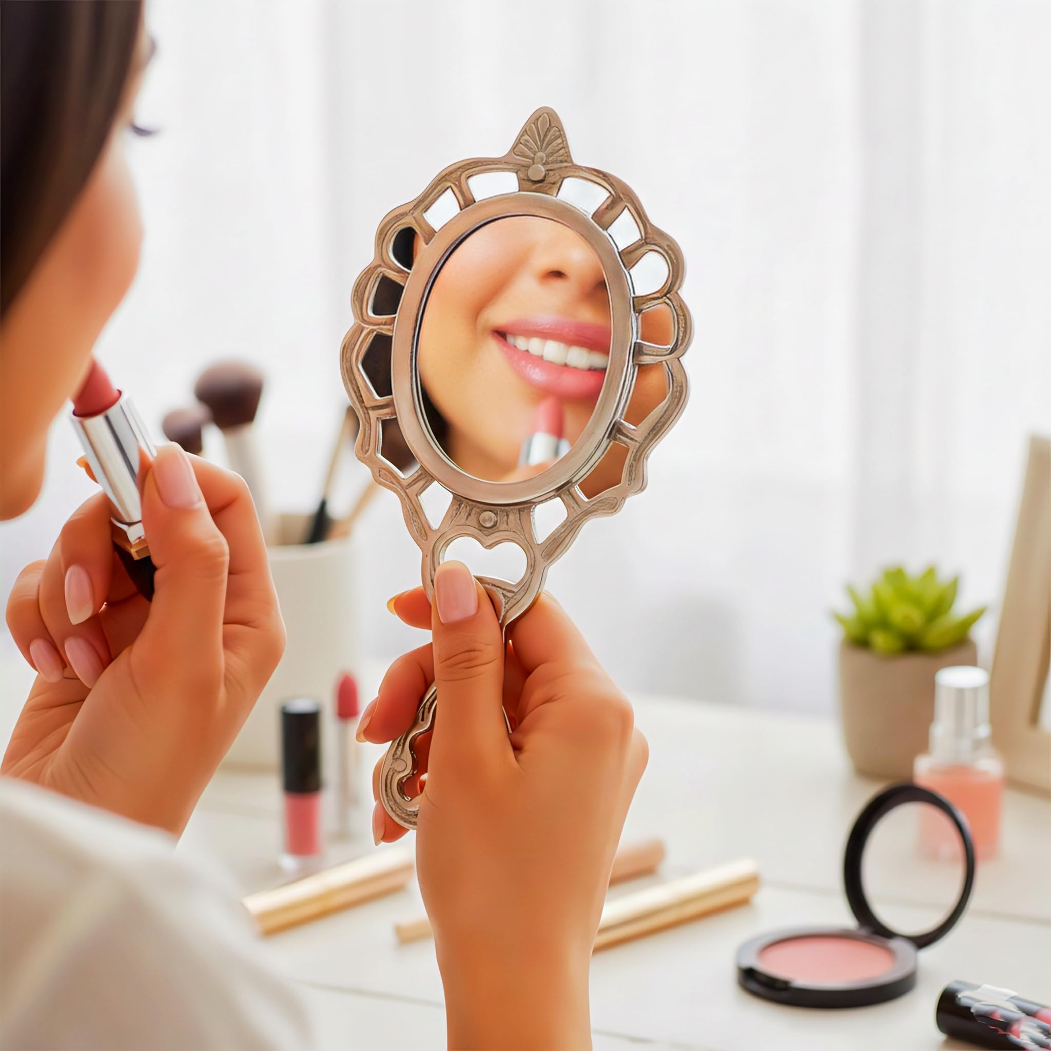Asha Enchant Decor Vintage Brass Hand Mirror, Handcrafted Metal Frame, Distortion-Free Glass, Antique Gold Finished Decorative Handheld Mirror for Makeup, Vanity and Gifting Oval Shape, 16x8 cm, 70g-image-3