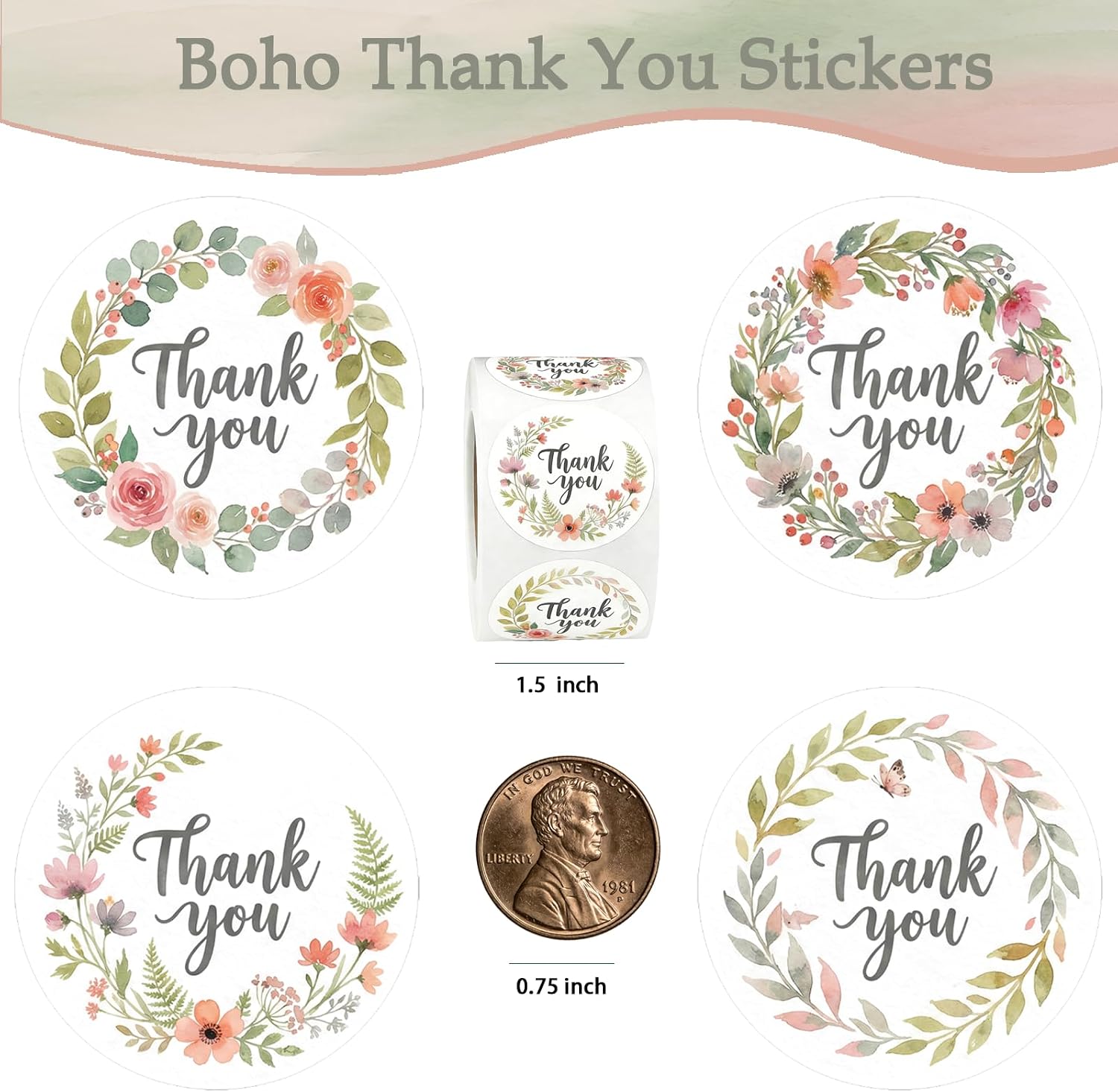 Boho Thank You Stickers Roll, 500 Pcs 1.5 Inch Waterproof Round Watercolor Floral Labels for Small Business Packaging/Handmade Products/Wedding Favors & Boutique Gift Wrap