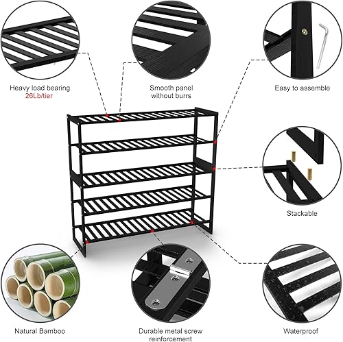 Miniatura 3 de Jripae Zapatero de bambú para armario, organizador de zapatos plegable de 5 niveles, organizador apilable para almacenamiento de zapatos negro para
