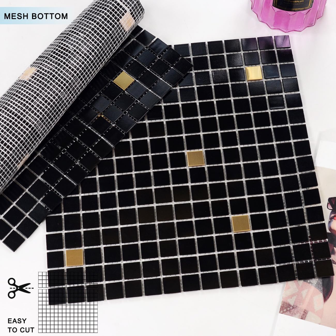 11.5 Sq.Ft Black Gold Metal Glass Mosaic Floor & Wall Tile | Waterproof tile for bathrooms, pools, kitchen backsplashes & outdoors. Heat & frost resistant. Mesh-mounted. Easy to clean.
