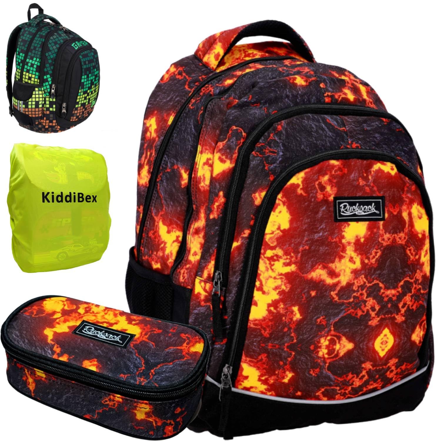 Schulrucksack Teenager Set 3 Teilig - Schulrucksack Jungen, Schulranzen Jungen ab 5. Klasse mit Brustgurt - Rucksack Schule, Schultasche - Ergonomischer Schulranzen (Lava)